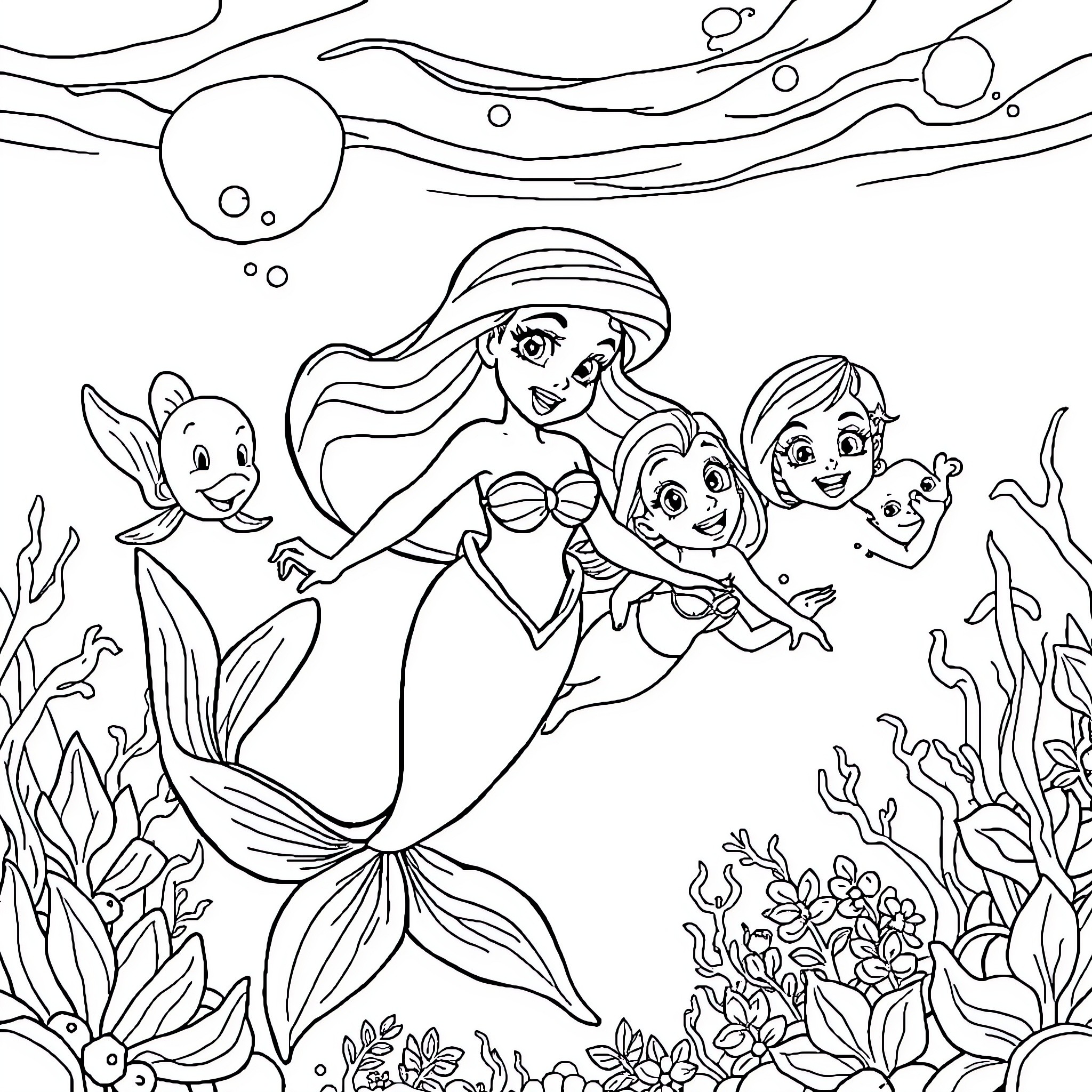 Sirenita's Underwater Adventure with Aquatic Friends Coloring Page (free black-and-white line drawing printable PDF for all, from beginners to advanced learners, including children, teens, adults, and seniors)
