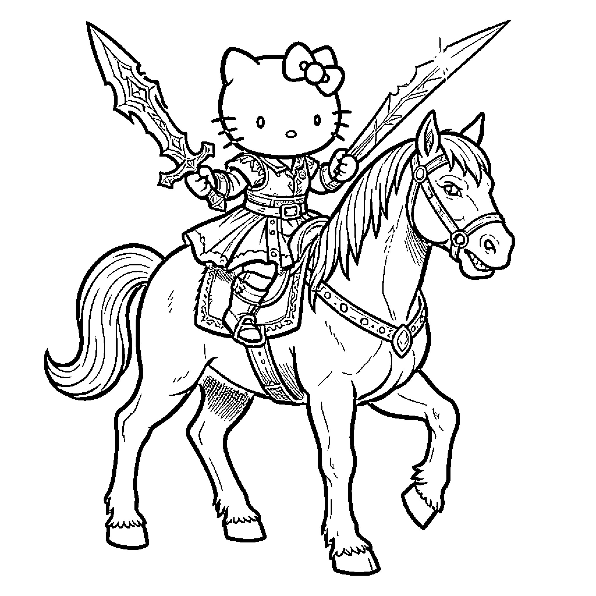 Hello Kitty riding a horse with a sword Coloring Page (free black-and-white line drawing printable PDF for all, from beginners to advanced learners, including children, teens, adults, and seniors)