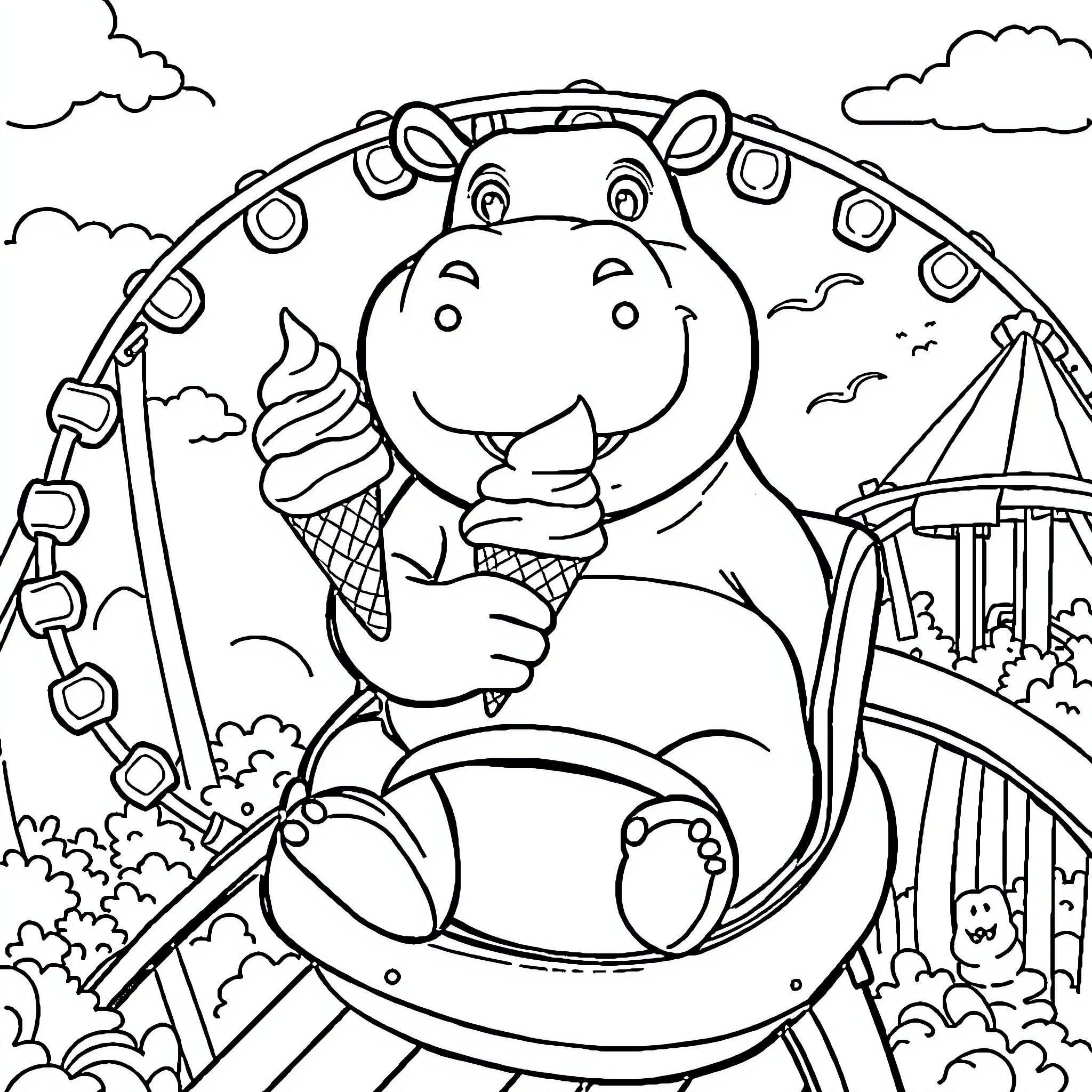 Hippo enjoying a day at the carnival Coloring Page (free black-and-white line drawing printable PDF for all, from beginners to advanced learners, including children, teens, adults, and seniors)