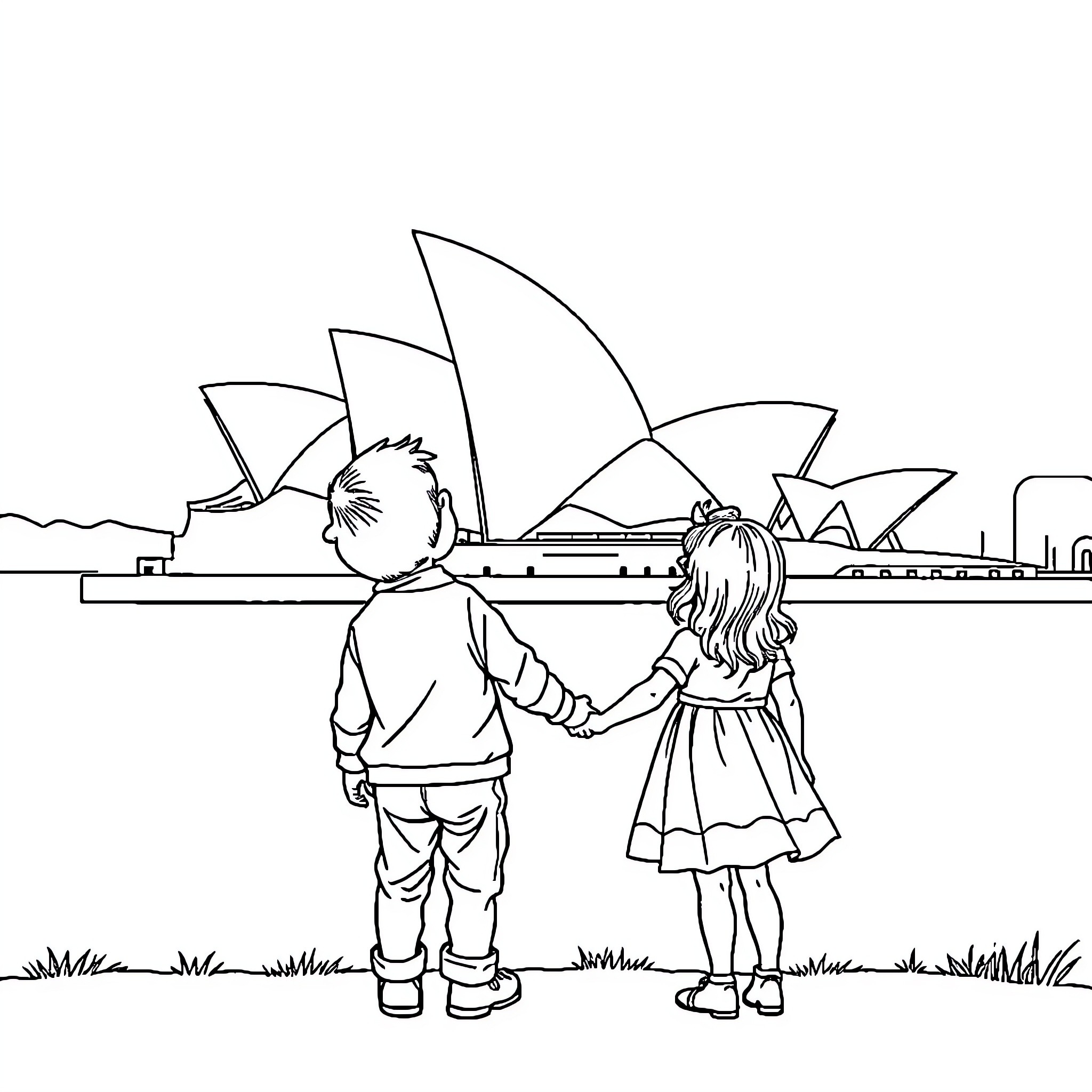 Boy and girl exploring Sydney Opera House Coloring Page (free black-and-white line drawing printable PDF for all, from beginners to advanced learners, including children, teens, adults, and seniors)