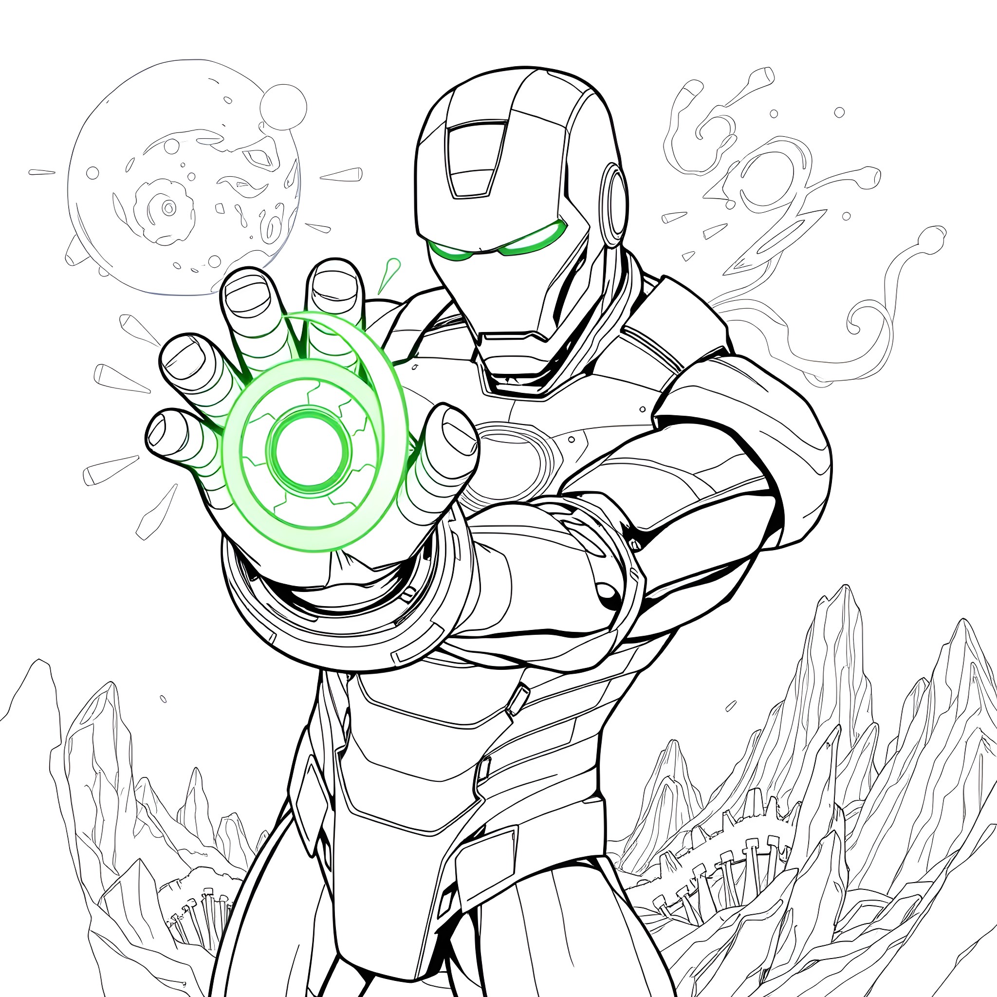 Ironman charging up his powerful energy blast Coloring Page (free black-and-white line drawing printable PDF for all, from beginners to advanced learners, including children, teens, adults, and seniors)