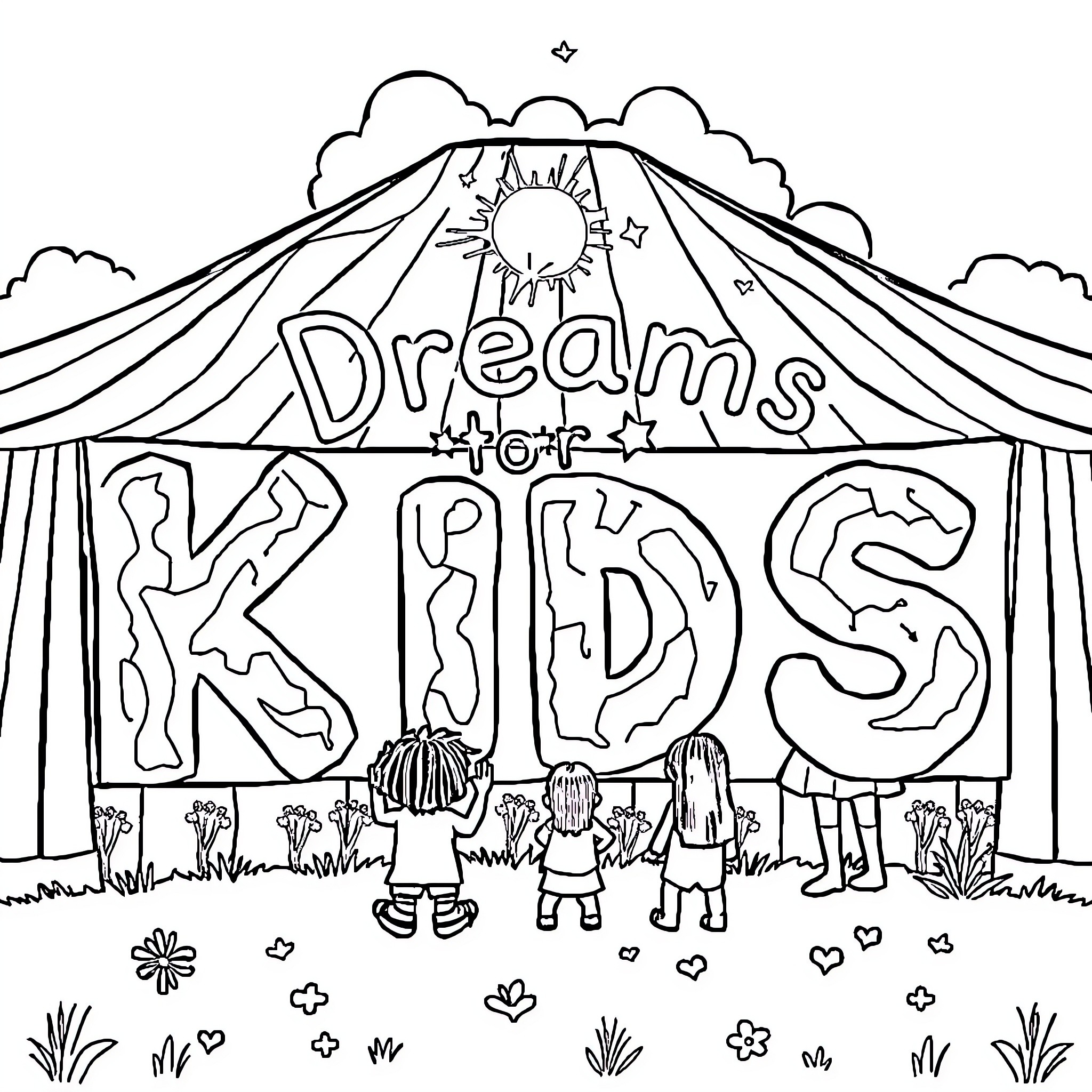 Dream for Kids Playground Scene Coloring Page (free black-and-white line drawing printable PDF for all, from beginners to advanced learners, including children, teens, adults, and seniors)