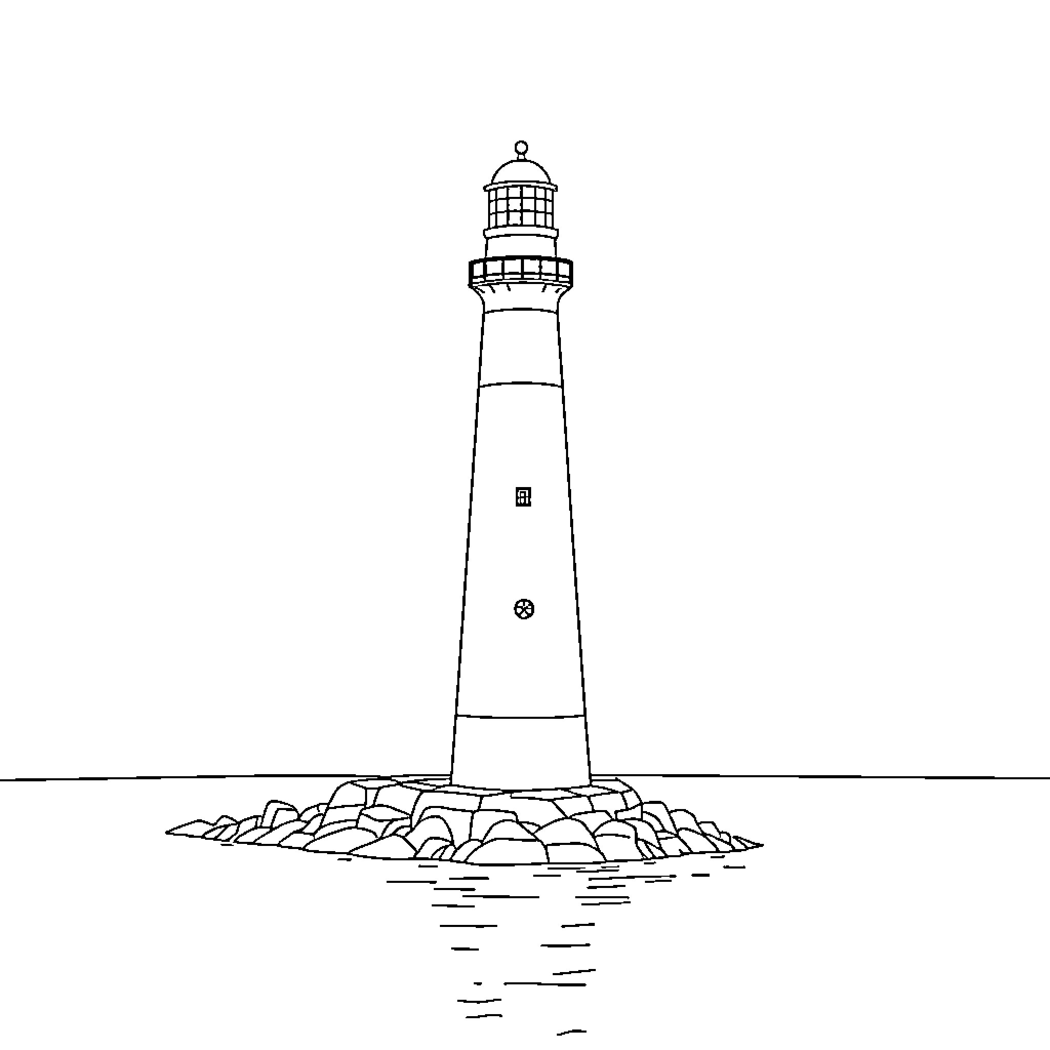 Lighthouse standing tall on rocky shores Coloring Page (free black-and-white line drawing printable PDF for all, from beginners to advanced learners, including children, teens, adults, and seniors)