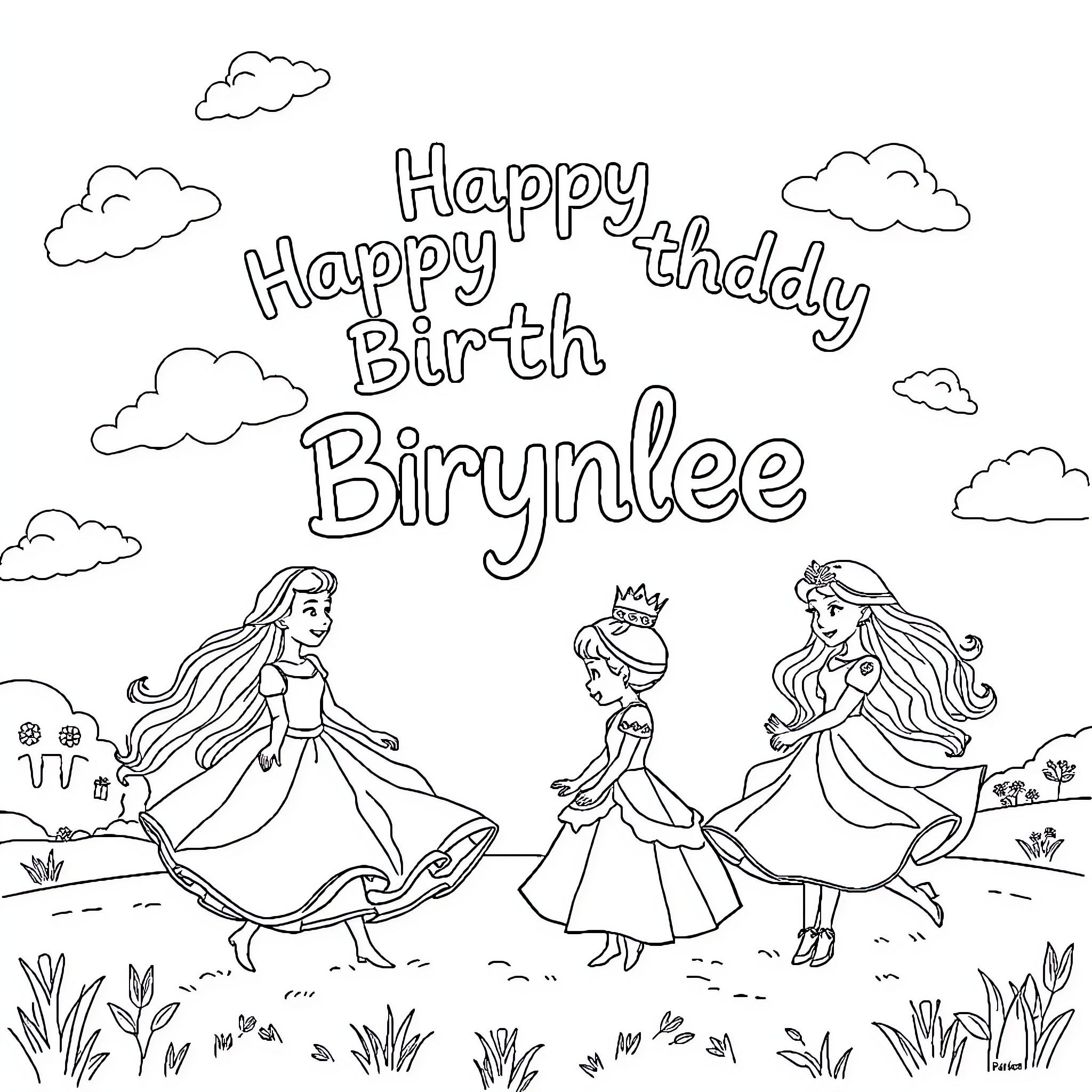 Princess Celebrating Birthday with Friends Coloring Page (free black-and-white line drawing printable PDF for all, from beginners to advanced learners, including children, teens, adults, and seniors)