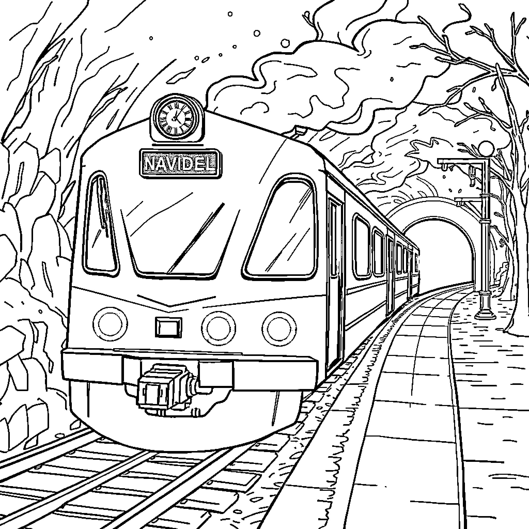 Tren traveling through snowy landscape Coloring Page (free black-and-white line drawing printable PDF for all, from beginners to advanced learners, including children, teens, adults, and seniors)