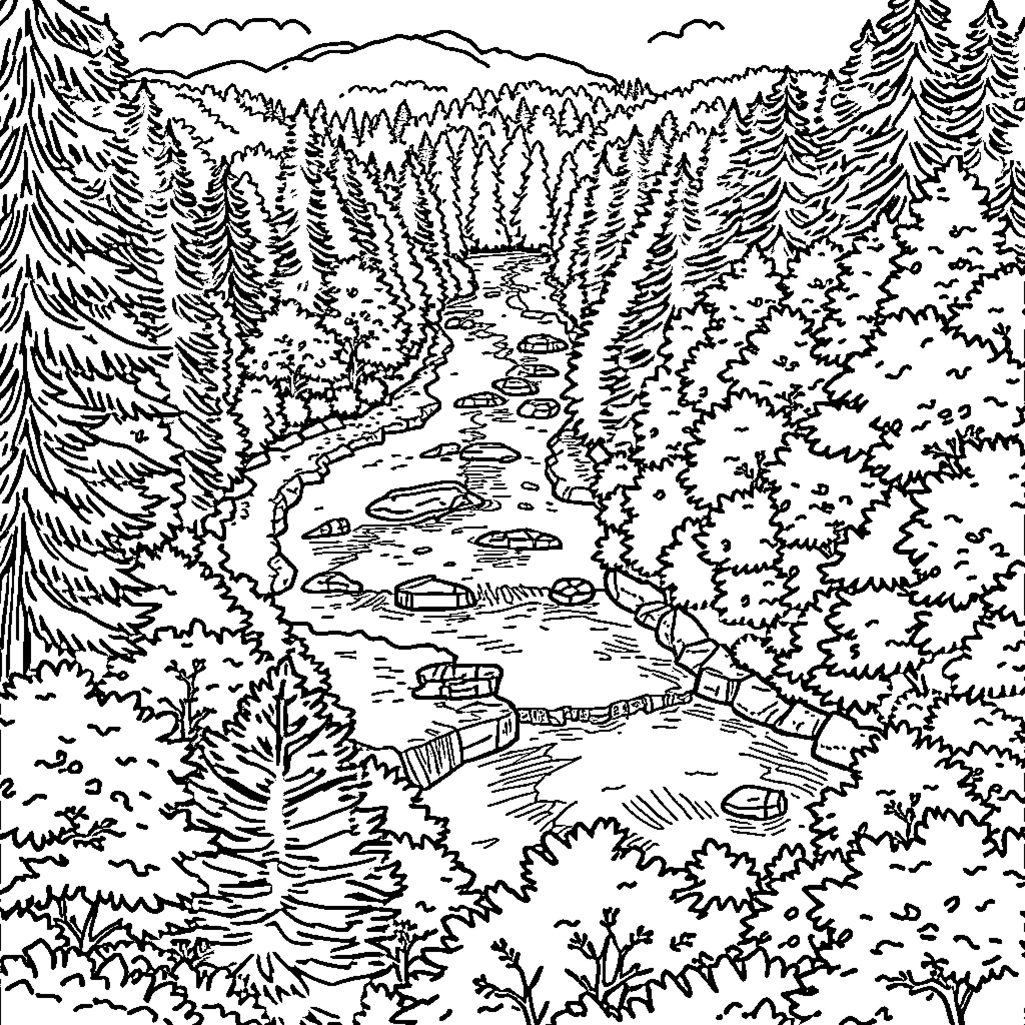River flowing through the tranquil forest landscape Coloring Page (free black-and-white line drawing printable PDF for all, from beginners to advanced learners, including children, teens, adults, and seniors)