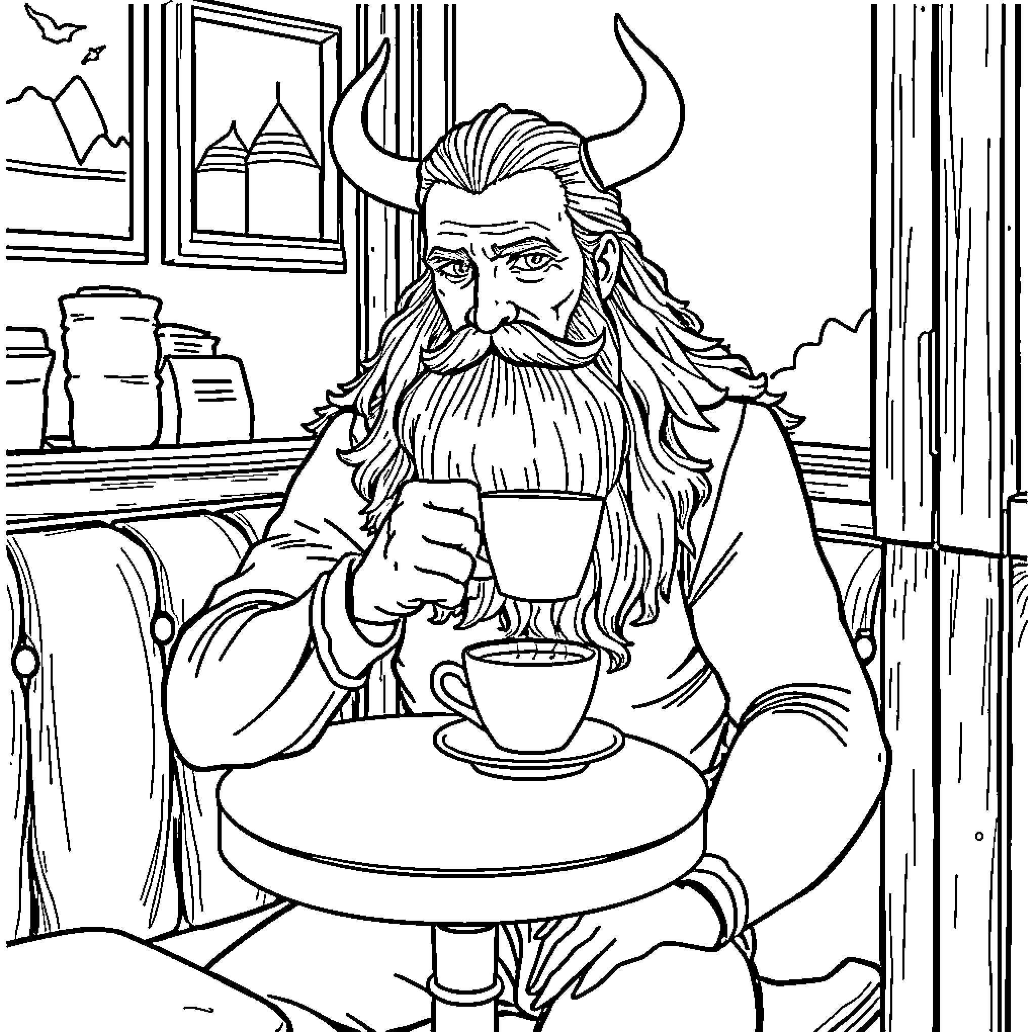 Man enjoying coffee in a cozy cafe Coloring Page (free black-and-white line drawing printable PDF for all, from beginners to advanced learners, including children, teens, adults, and seniors)