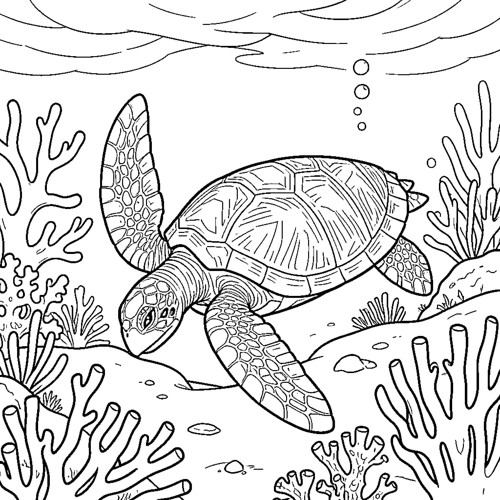 Coral Turtle swimming gracefully through an underwater reef Coloring Page (free black-and-white line drawing printable PDF for all, from beginners to advanced learners, including children, teens, adults, and seniors)
