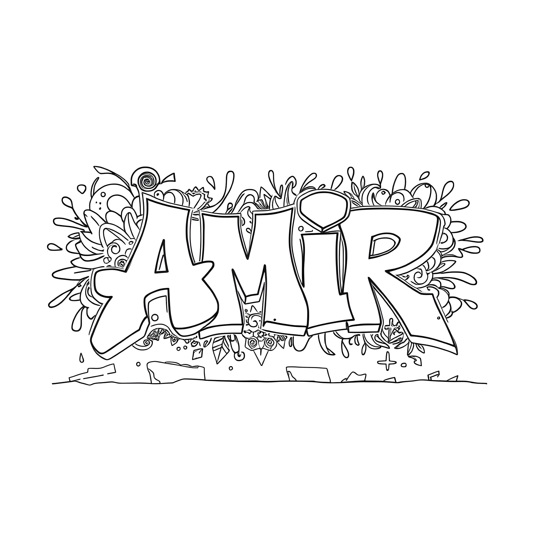 Tag Graffiti-style Lettering with Floral Elements Coloring Page (free black-and-white line drawing printable PDF for all, from beginners to advanced learners, including children, teens, adults, and seniors)