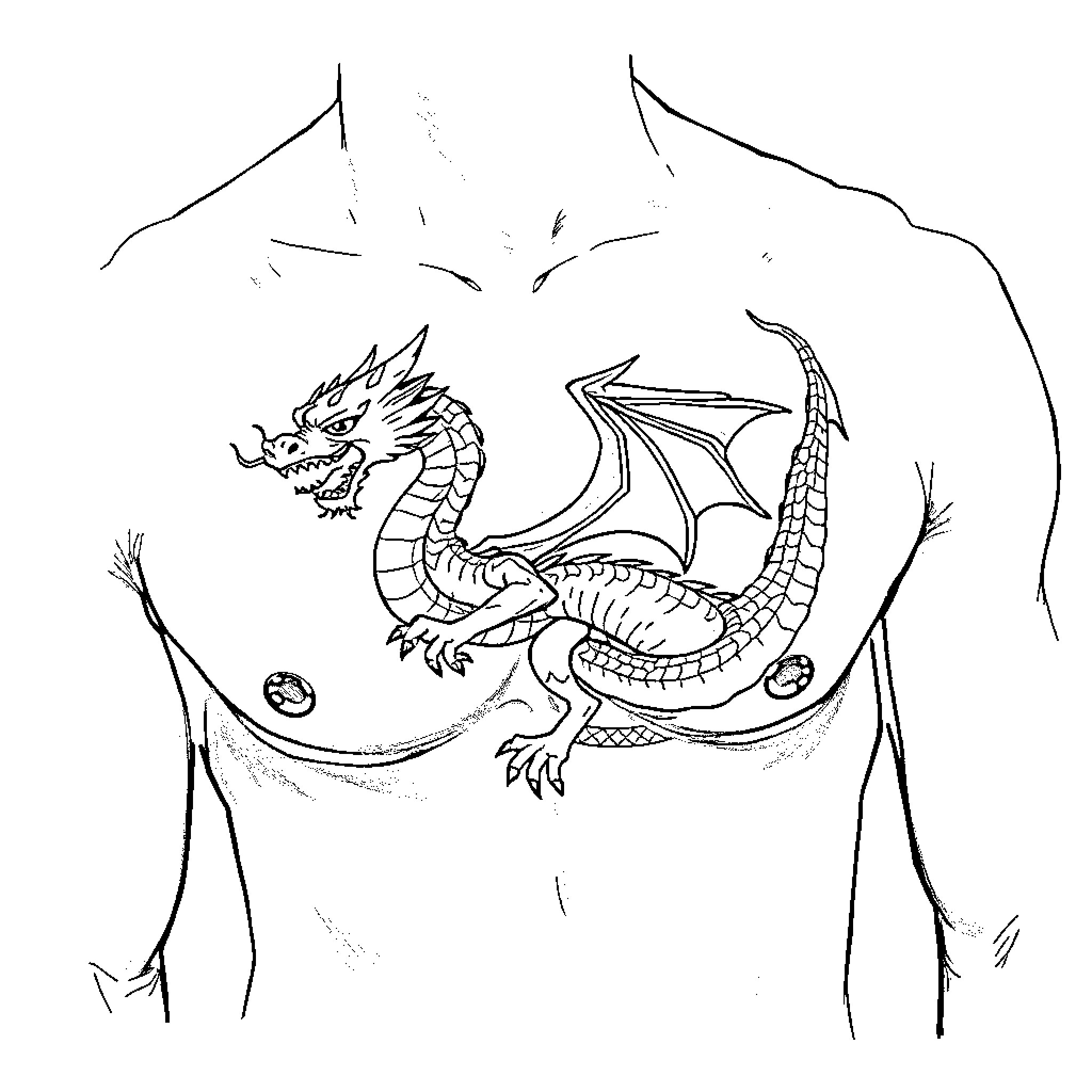 Tattoo of a fierce dragon on a person's body Coloring Page (free black-and-white line drawing printable PDF for all, from beginners to advanced learners, including children, teens, adults, and seniors)