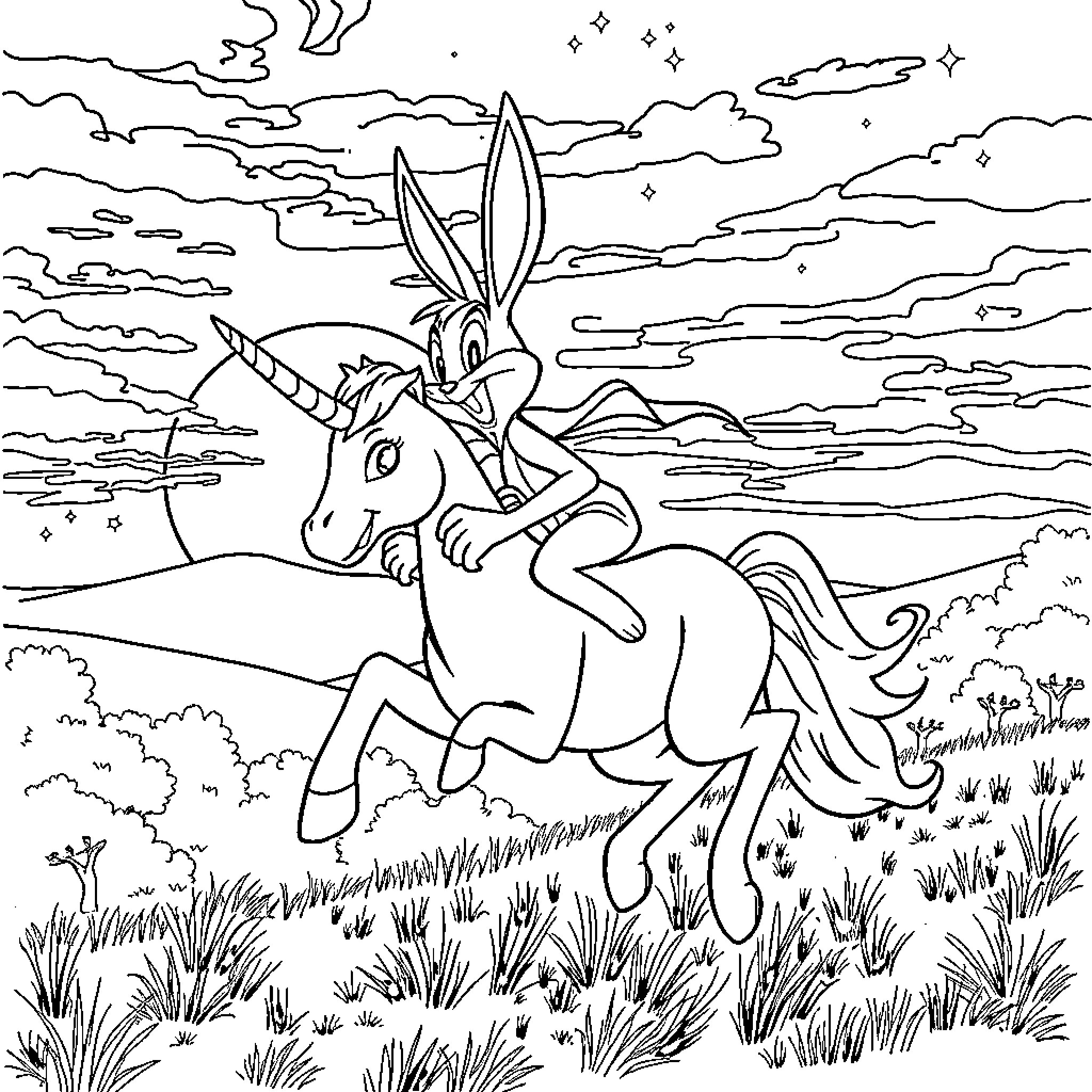 Bugs Bunny riding a unicorn in a magical landscape Coloring Page (free black-and-white line drawing printable PDF for all, from beginners to advanced learners, including children, teens, adults, and seniors)