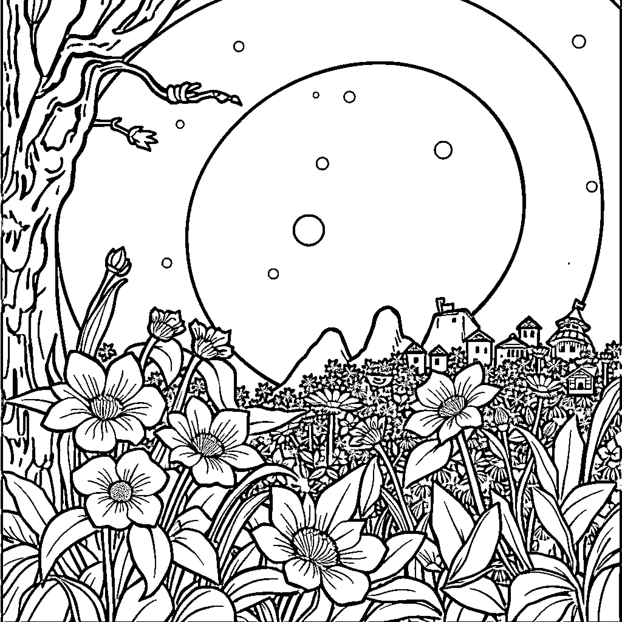 مكة: مدينة فخمة بين الأزهار والجبال Coloring Page (free black-and-white line drawing printable PDF for all, from beginners to advanced learners, including children, teens, adults, and seniors)