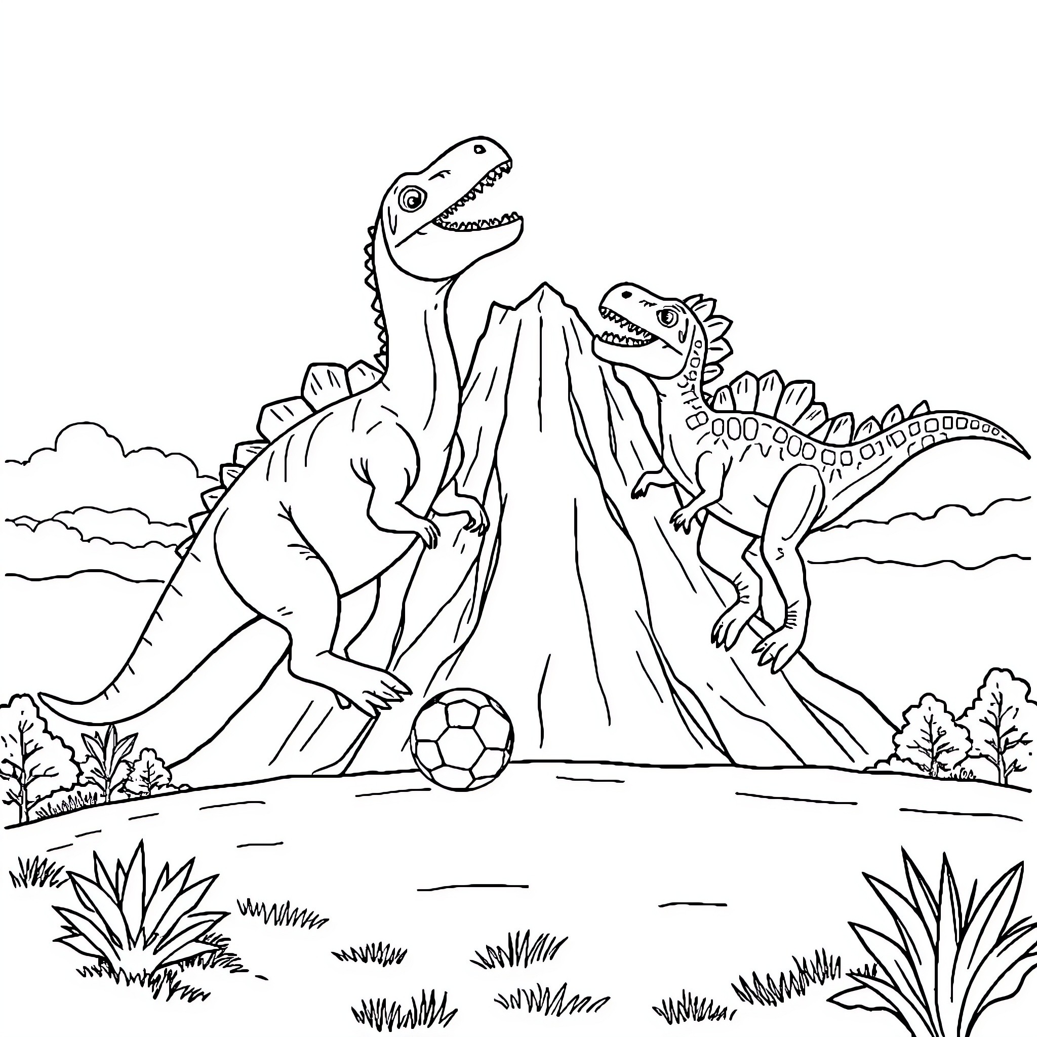 Dinosaurs playing joyfully in the prehistoric landscape Coloring Page (free black-and-white line drawing printable PDF for all, from beginners to advanced learners, including children, teens, adults, and seniors)