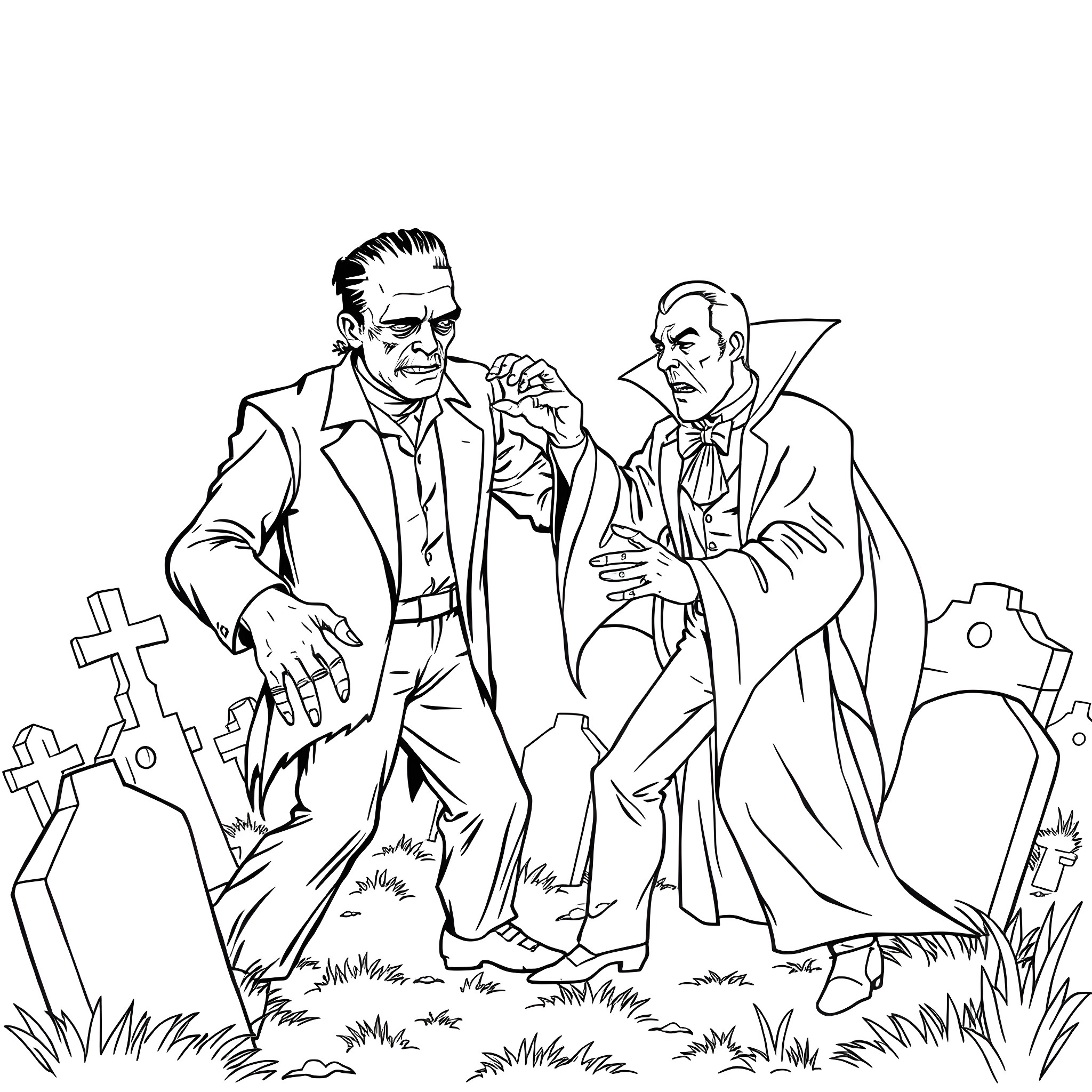 Frankenstein's Monster and Dracula's Macabre Meeting in the Graveyard Coloring Page (free black-and-white line drawing printable PDF for all, from beginners to advanced learners, including children, teens, adults, and seniors)