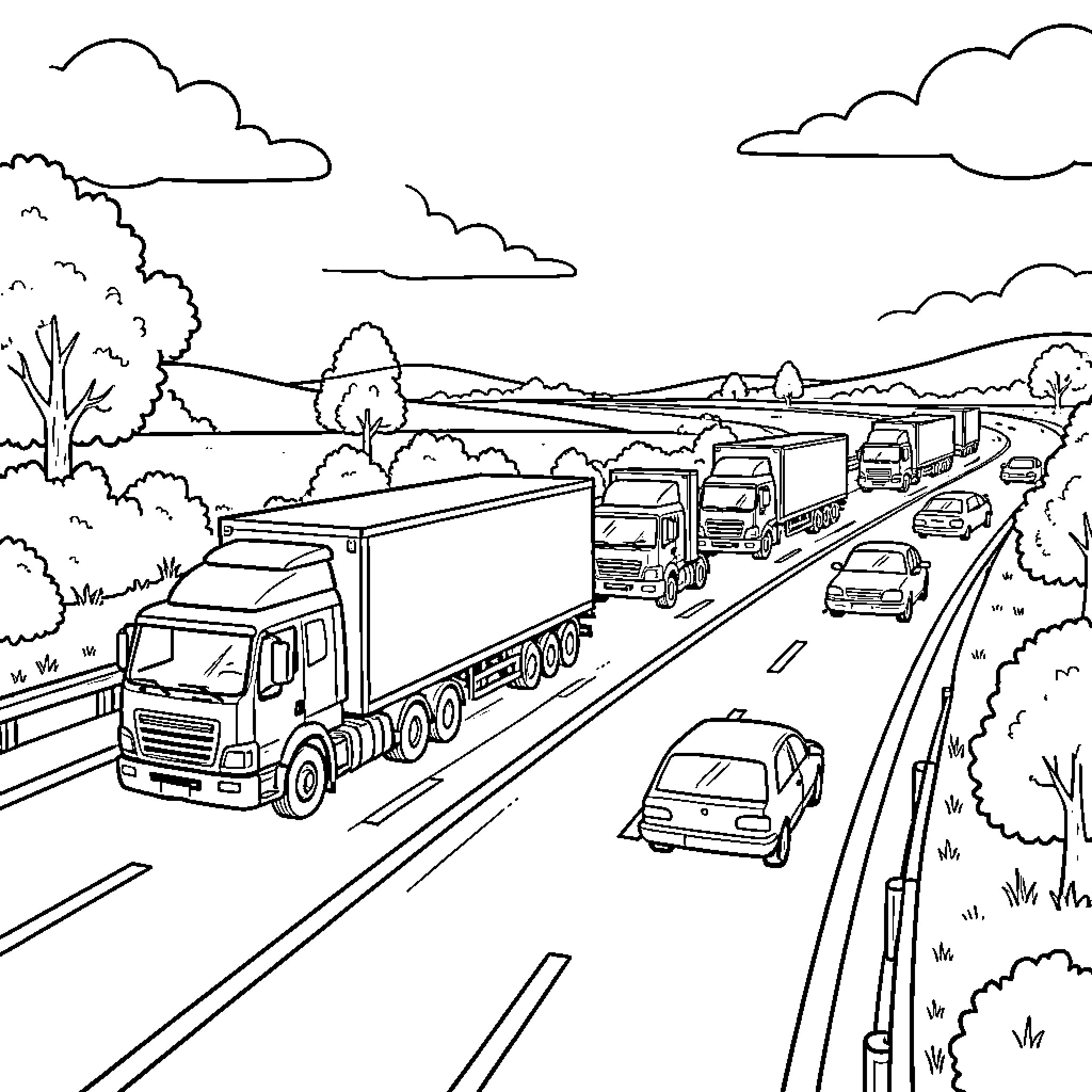 Convoy of large trucks traveling on a highway Coloring Page (free black-and-white line drawing printable PDF for all, from beginners to advanced learners, including children, teens, adults, and seniors)