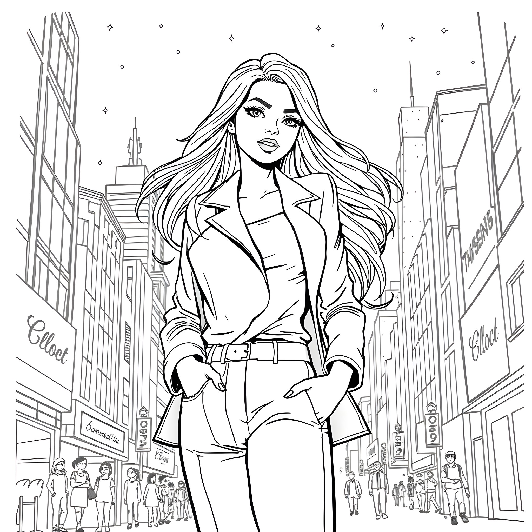 Girl in city streets with skyscrapers Coloring Page (free black-and-white line drawing printable PDF for all, from beginners to advanced learners, including children, teens, adults, and seniors)