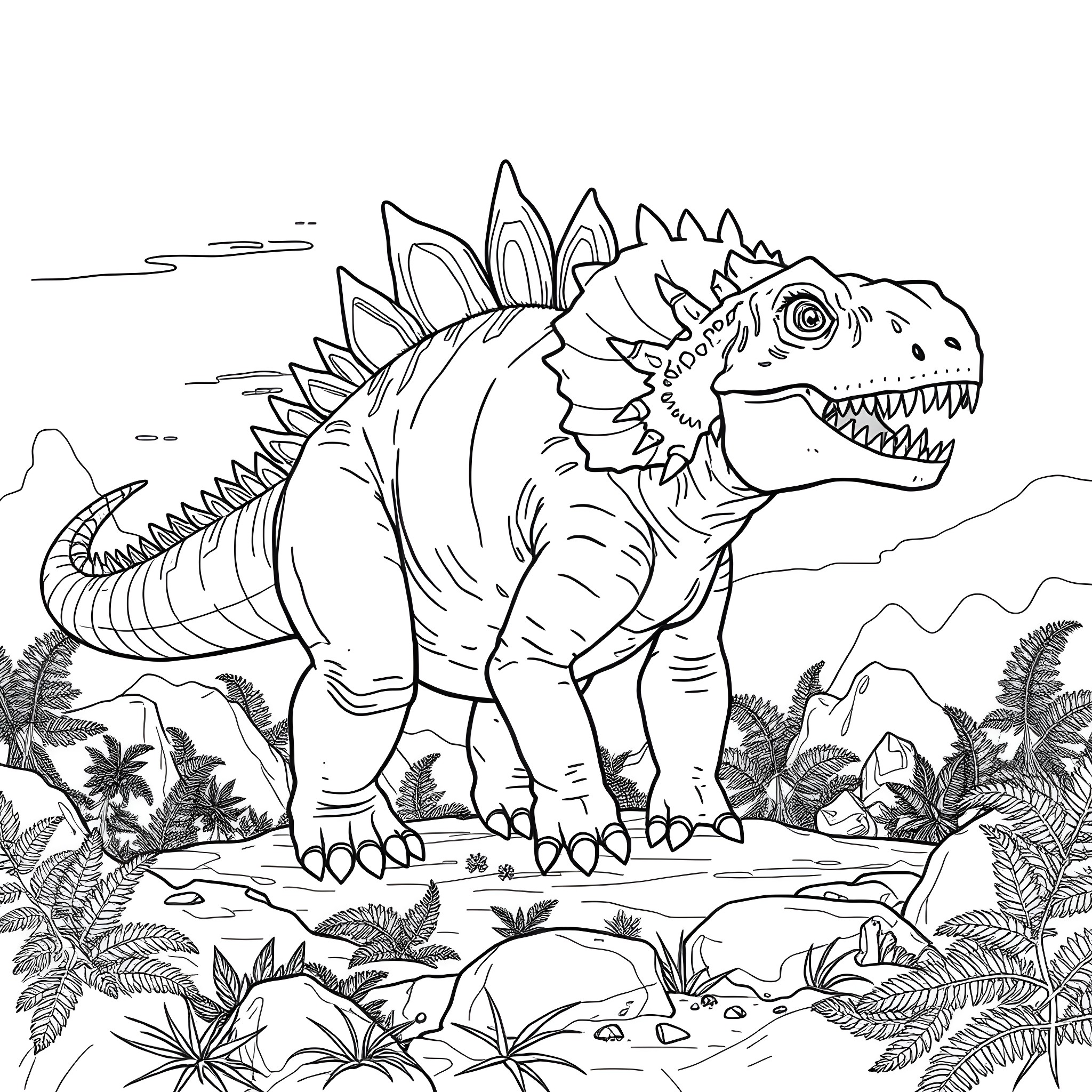 Ankylosaurus roaming through prehistoric landscape Coloring Page (free black-and-white line drawing printable PDF for all, from beginners to advanced learners, including children, teens, adults, and seniors)