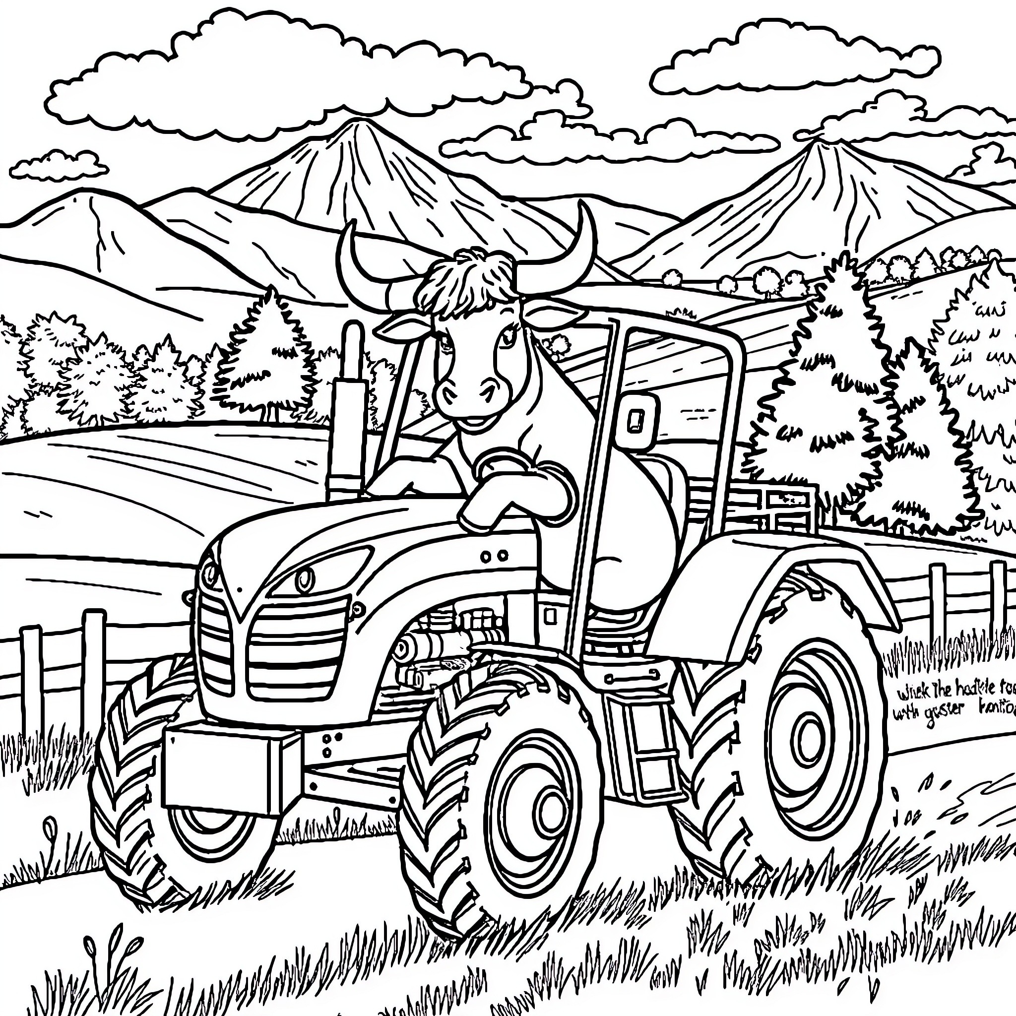 Unicorn farmer driving tractor on countryside road Coloring Page (free black-and-white line drawing printable PDF for all, from beginners to advanced learners, including children, teens, adults, and seniors)