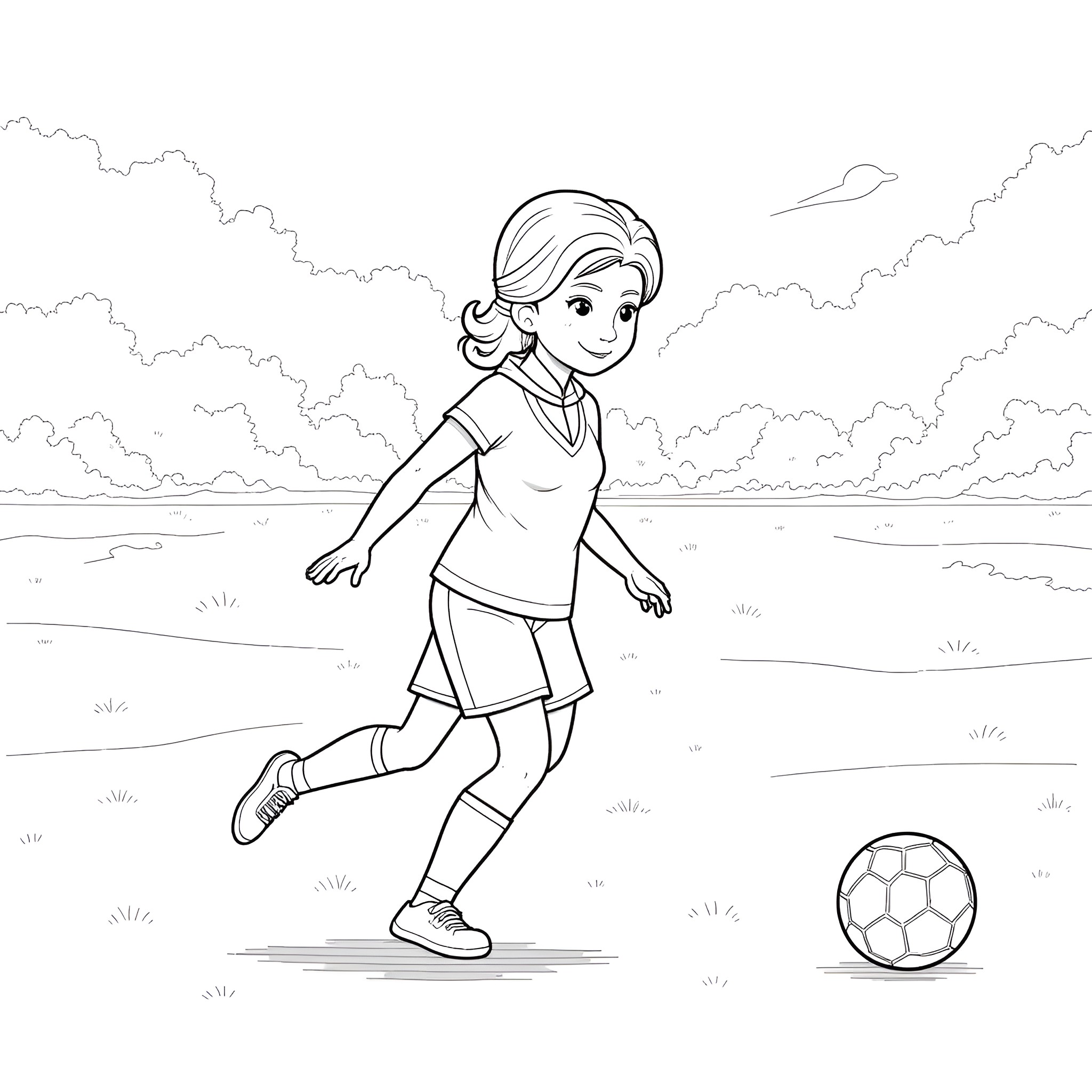 Elsa playing soccer on the field Coloring Page (free black-and-white line drawing printable PDF for all, from beginners to advanced learners, including children, teens, adults, and seniors)