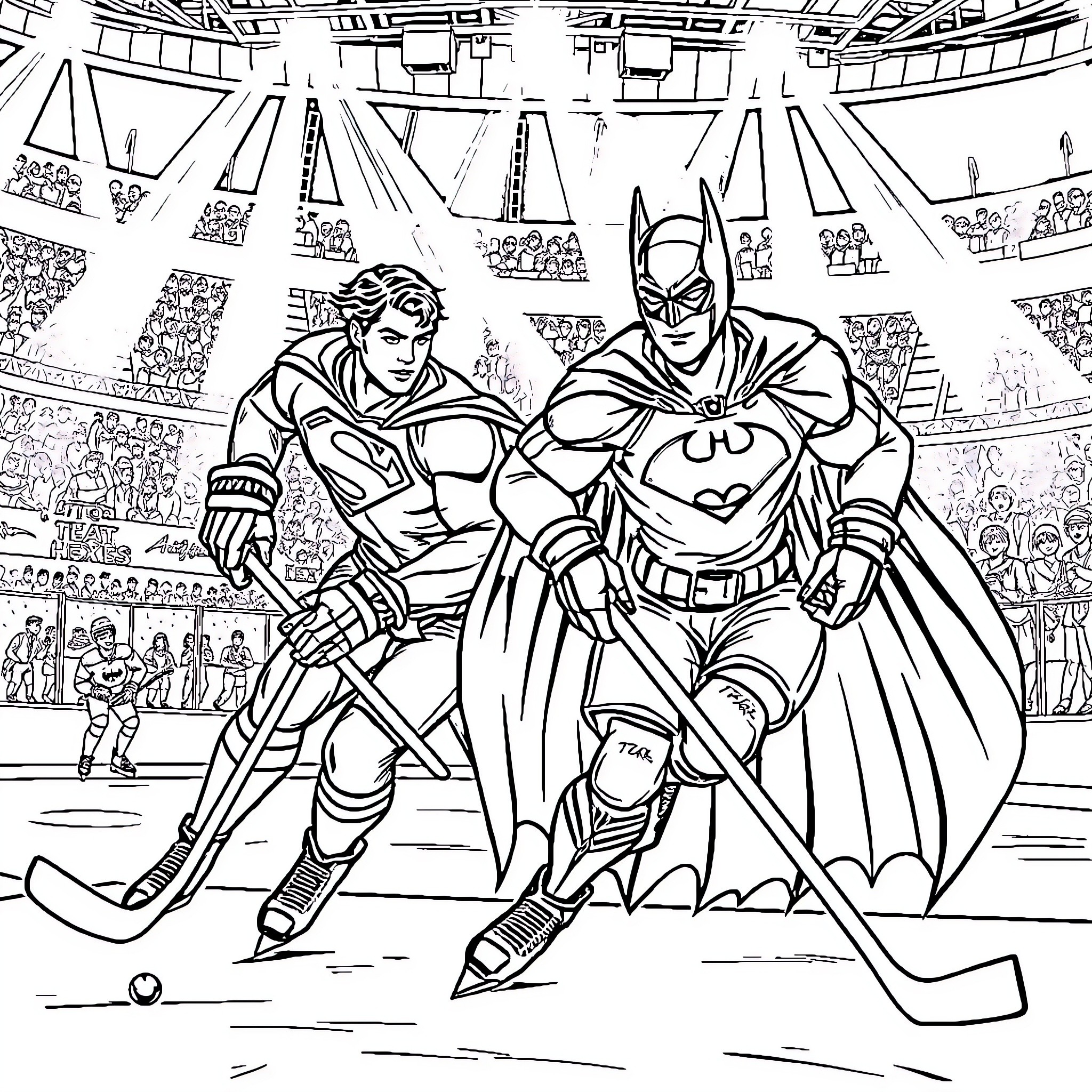 Superman and Batman in epic hockey showdown Coloring Page (free black-and-white line drawing printable PDF for all, from beginners to advanced learners, including children, teens, adults, and seniors)