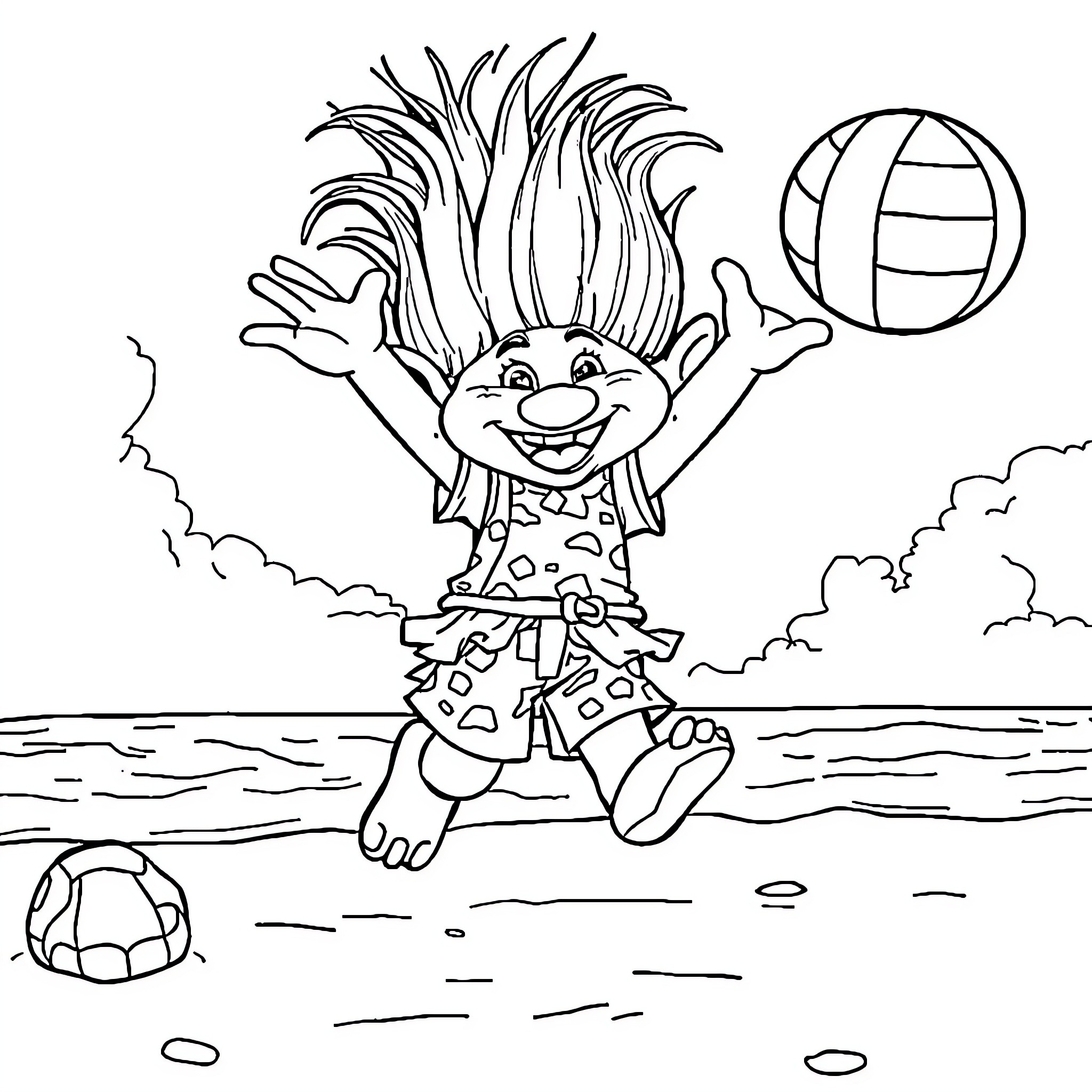 Troll playing joyfully with beach ball Coloring Page (free black-and-white line drawing printable PDF for all, from beginners to advanced learners, including children, teens, adults, and seniors)
