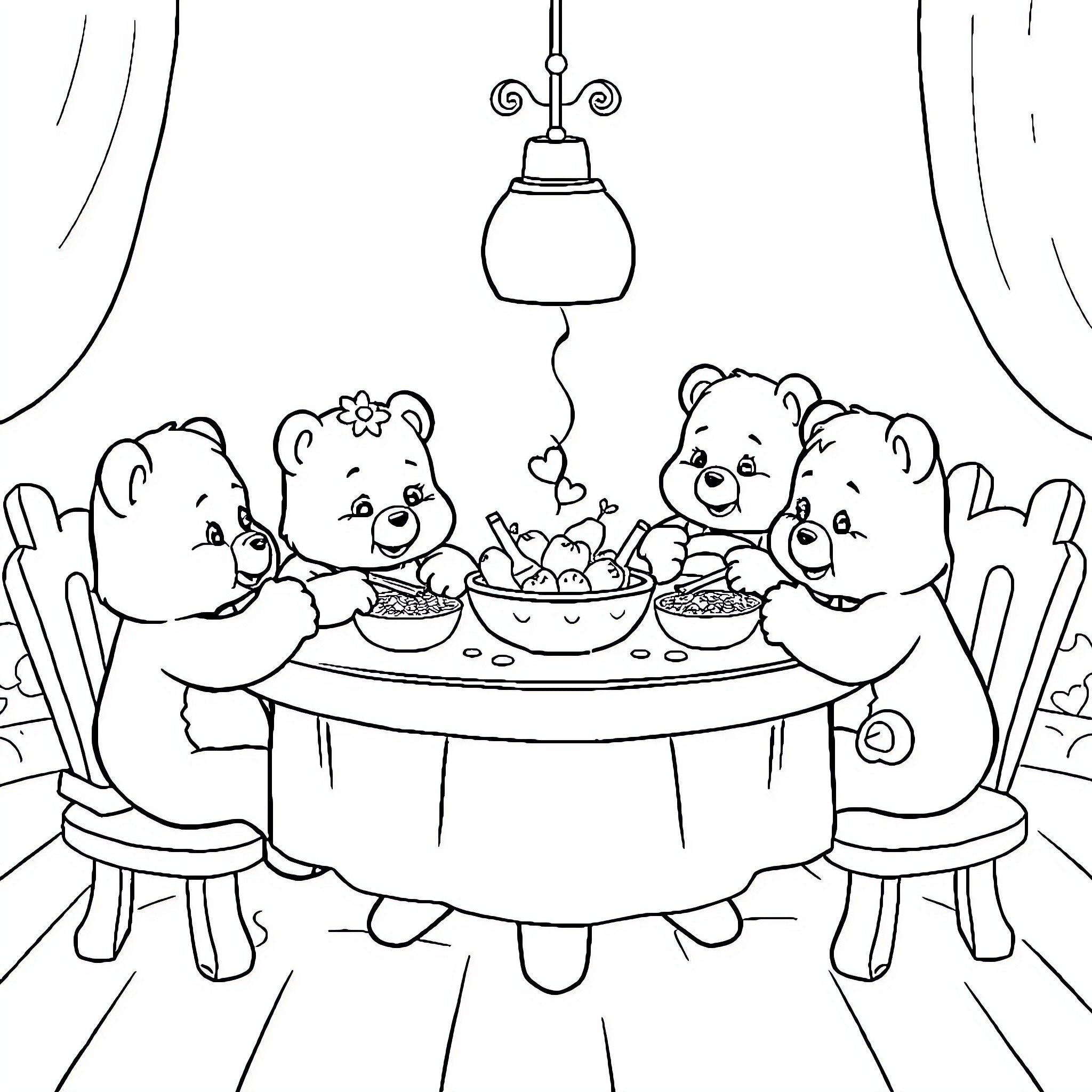Carebears enjoying a meal together Coloring Page (free black-and-white line drawing printable PDF for all, from beginners to advanced learners, including children, teens, adults, and seniors)