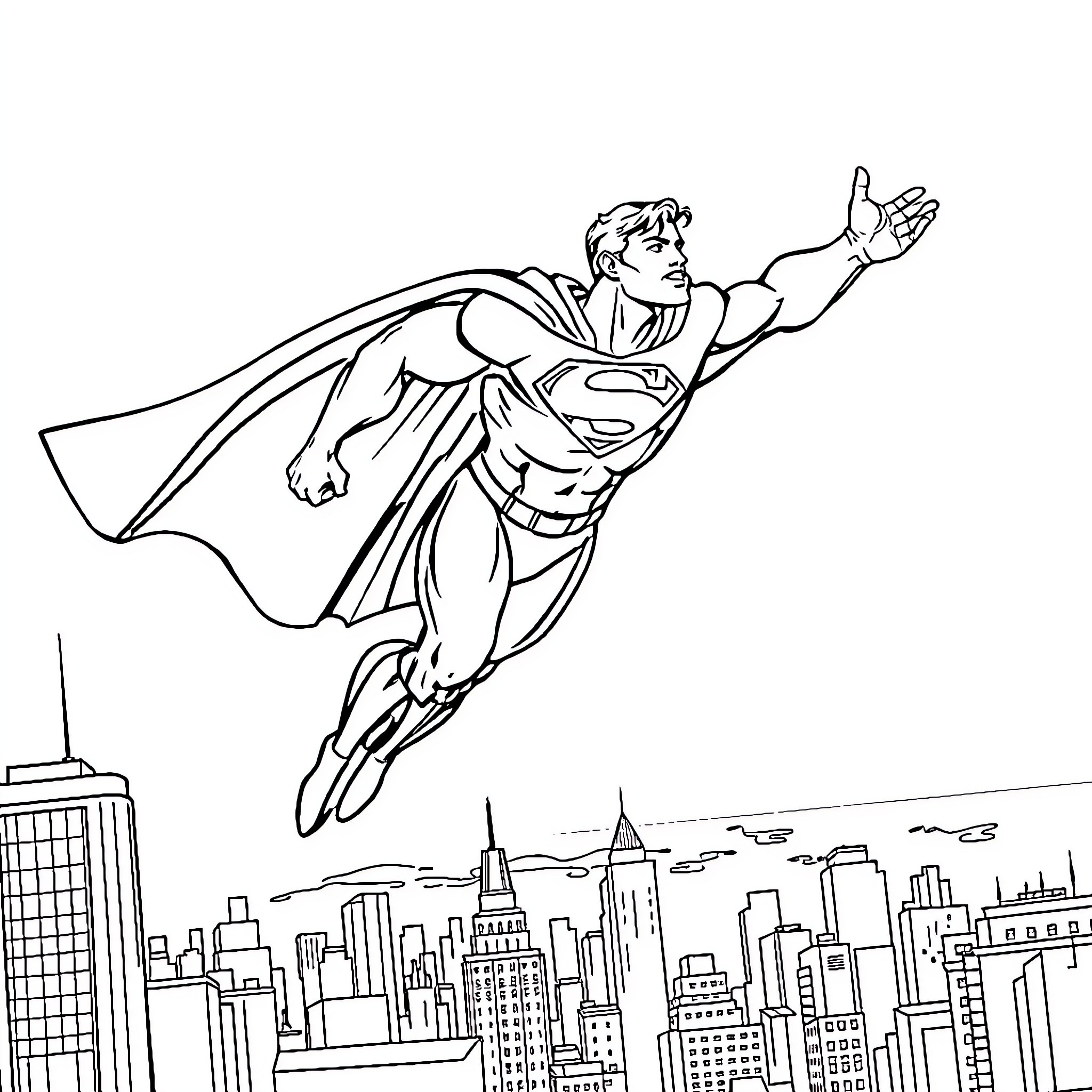 Superman soaring over the city skyline Coloring Page (free black-and-white line drawing printable PDF for all, from beginners to advanced learners, including children, teens, adults, and seniors)