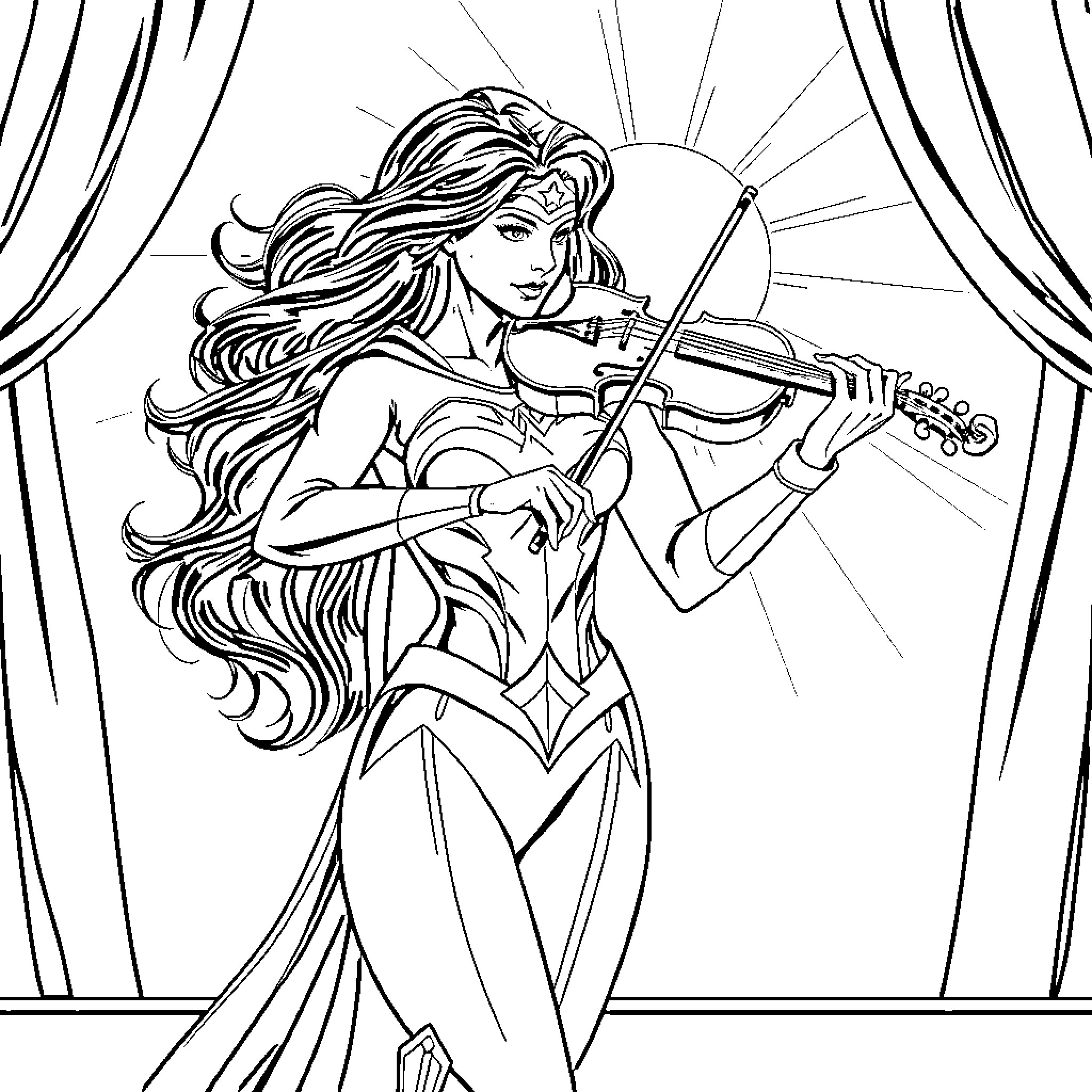 Superwoman playing the violin on stage Coloring Page (free black-and-white line drawing printable PDF for all, from beginners to advanced learners, including children, teens, adults, and seniors)