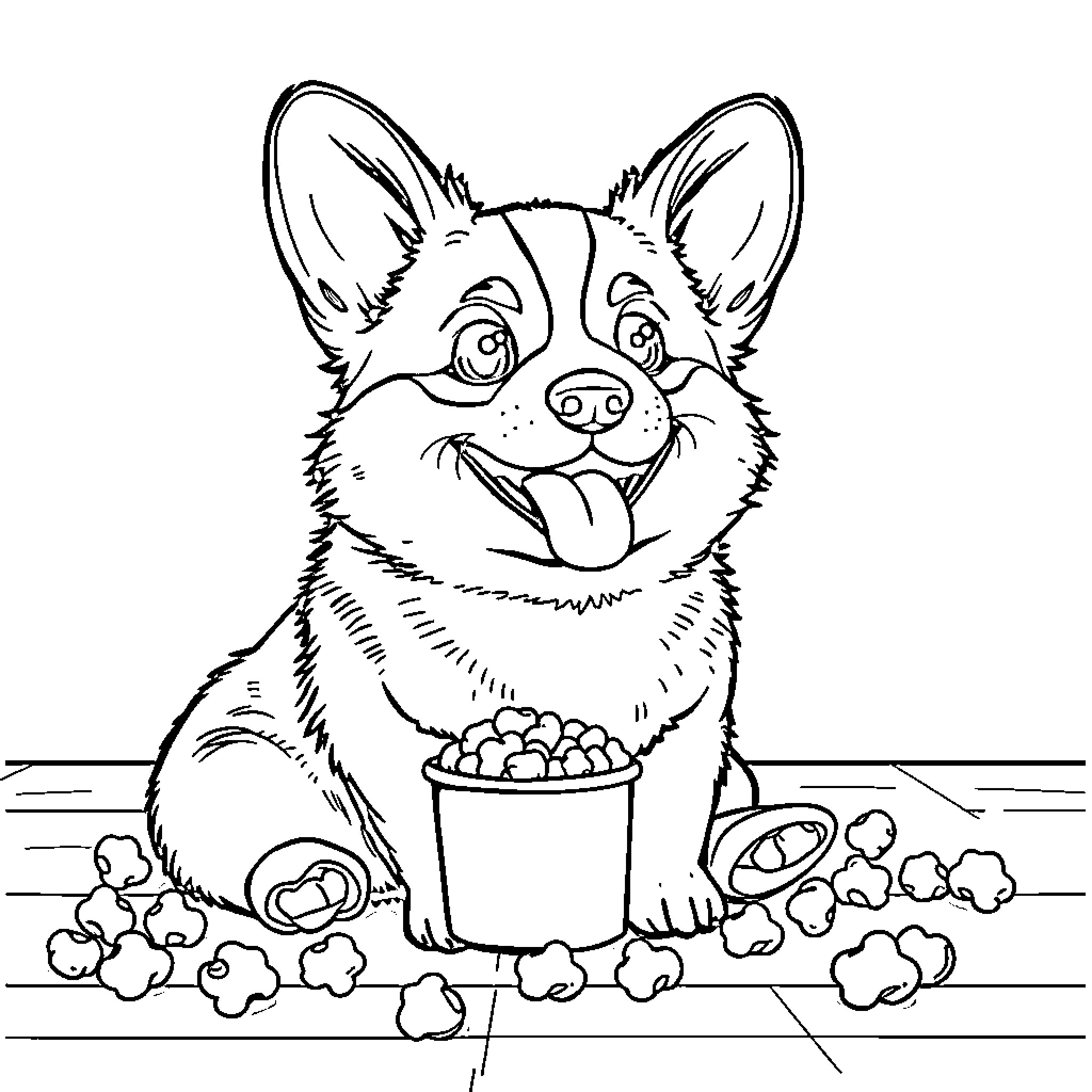 Corgi enjoying a snack of popcorn Coloring Page (free black-and-white line drawing printable PDF for all, from beginners to advanced learners, including children, teens, adults, and seniors)