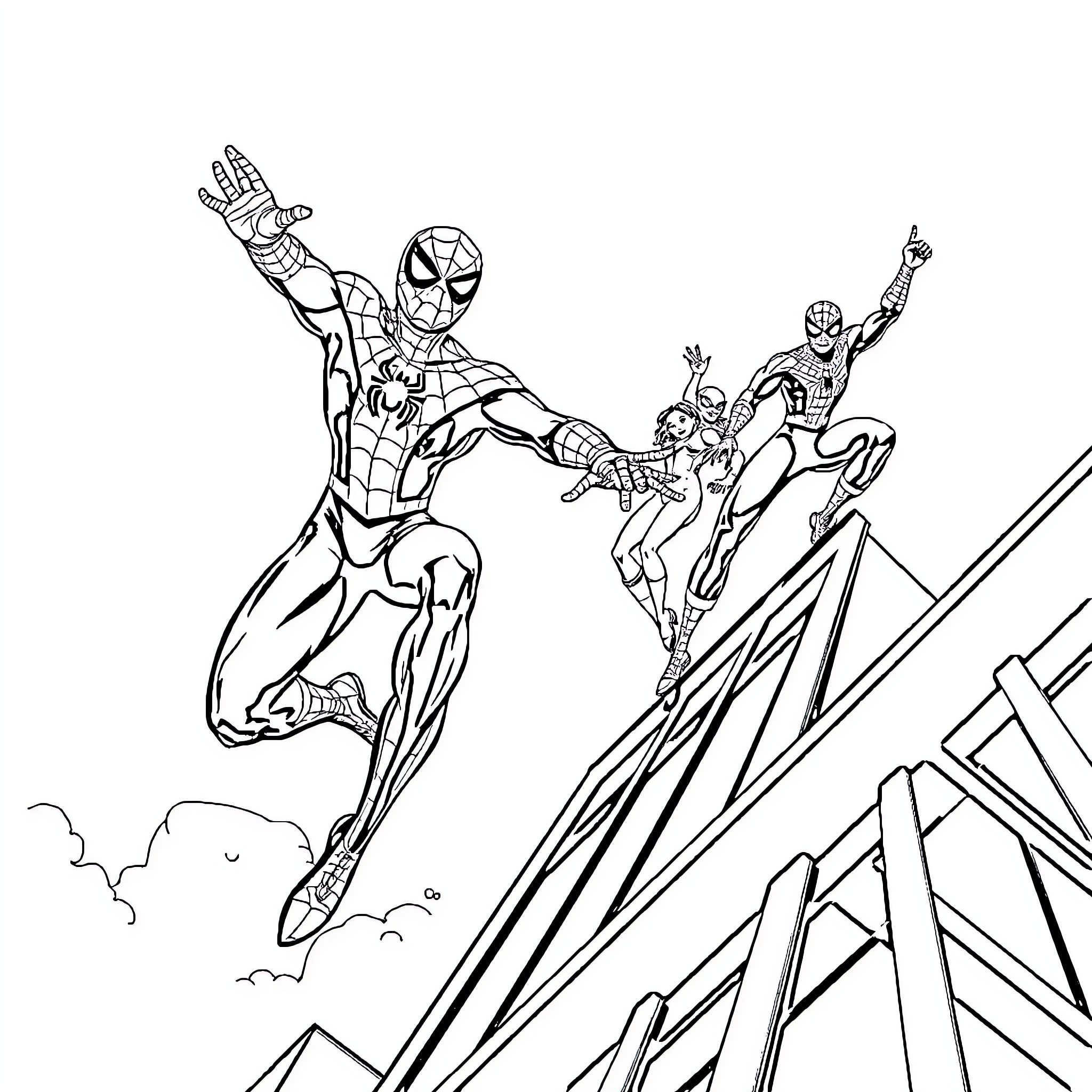 Spiderman heroically swinging through the city Coloring Page (free black-and-white line drawing printable PDF for all, from beginners to advanced learners, including children, teens, adults, and seniors)