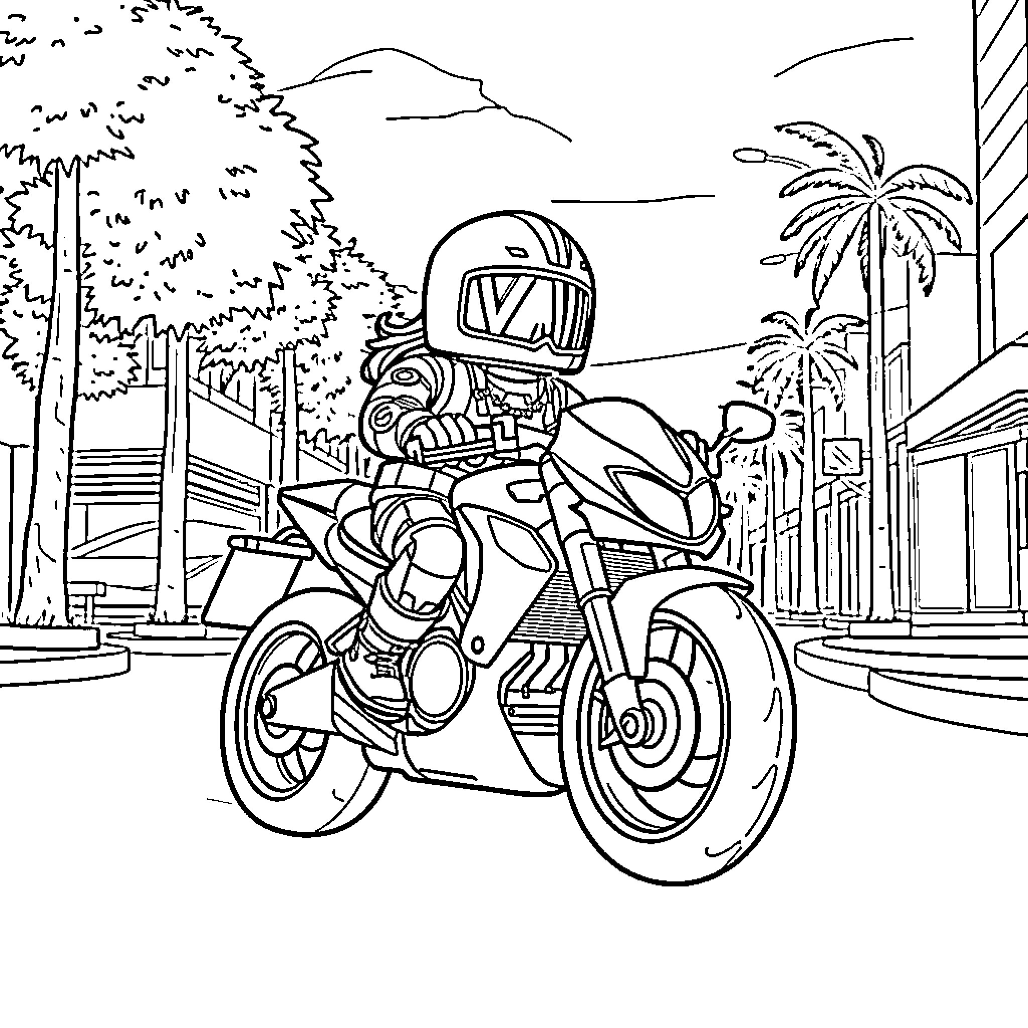 Roblox Guy riding a motorcycle through a tropical city Coloring Page (free black-and-white line drawing printable PDF for all, from beginners to advanced learners, including children, teens, adults, and seniors)