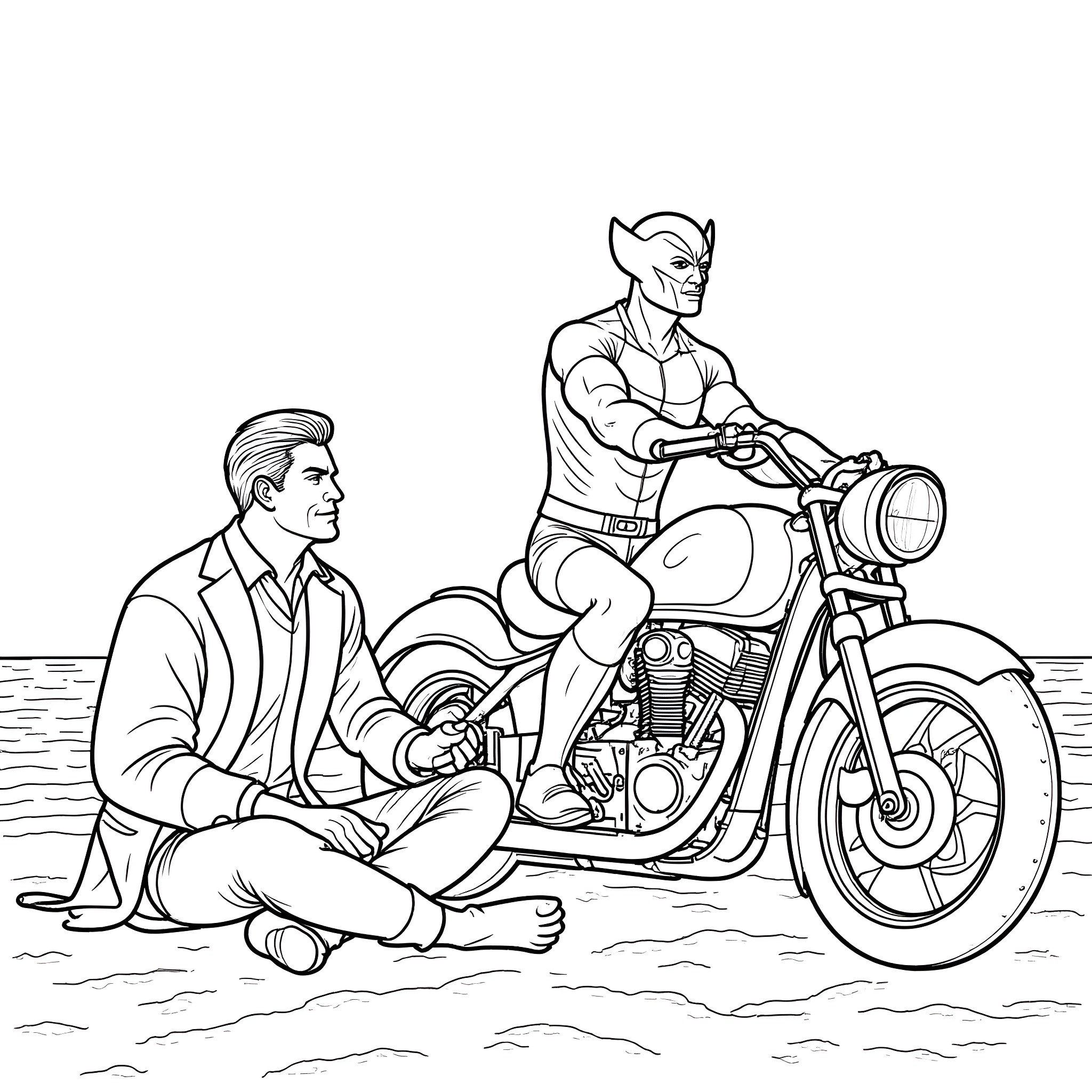 Professor Xavier with a student discussing motorcycle mechanics Coloring Page (free black-and-white line drawing printable PDF for all, from beginners to advanced learners, including children, teens, adults, and seniors)