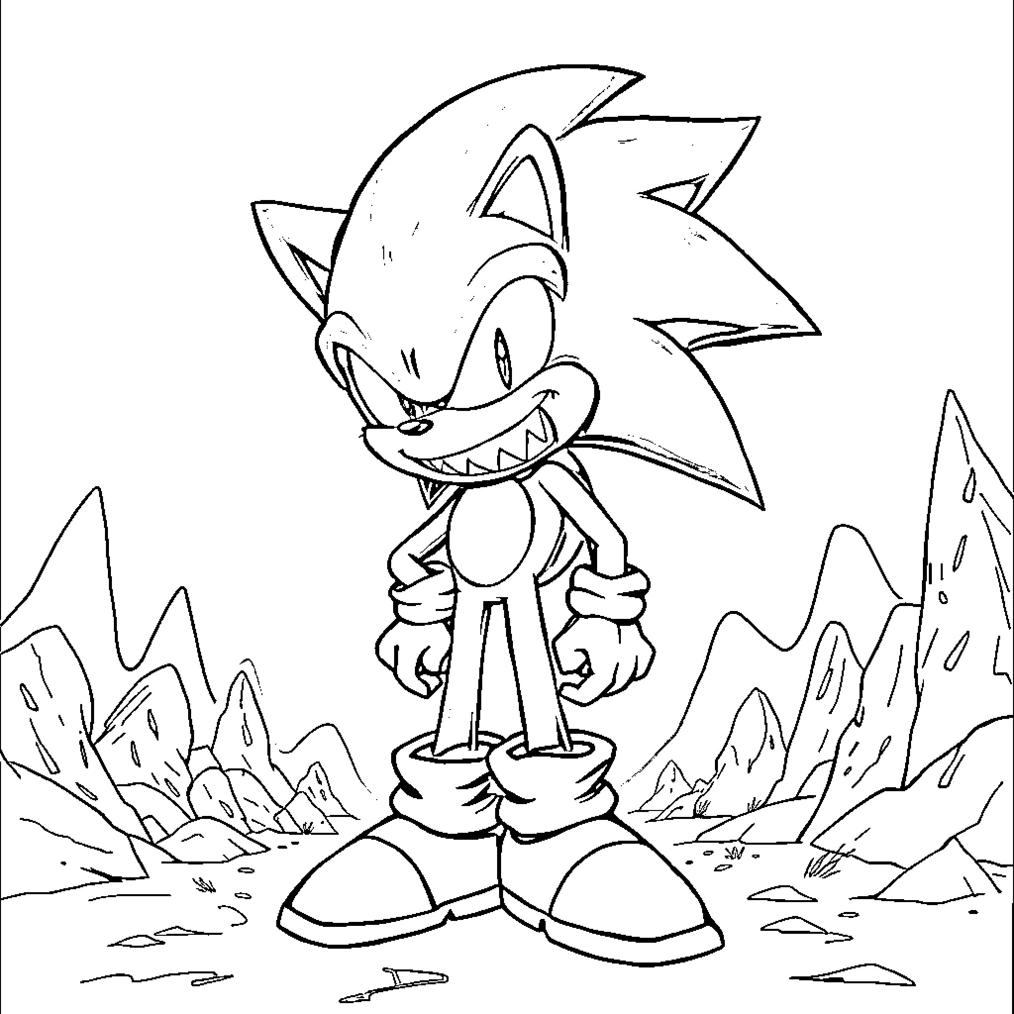 Sonic.exe's Deranged Grin in Eerie Surroundings Coloring Page (free black-and-white line drawing printable PDF for all, from beginners to advanced learners, including children, teens, adults, and seniors)