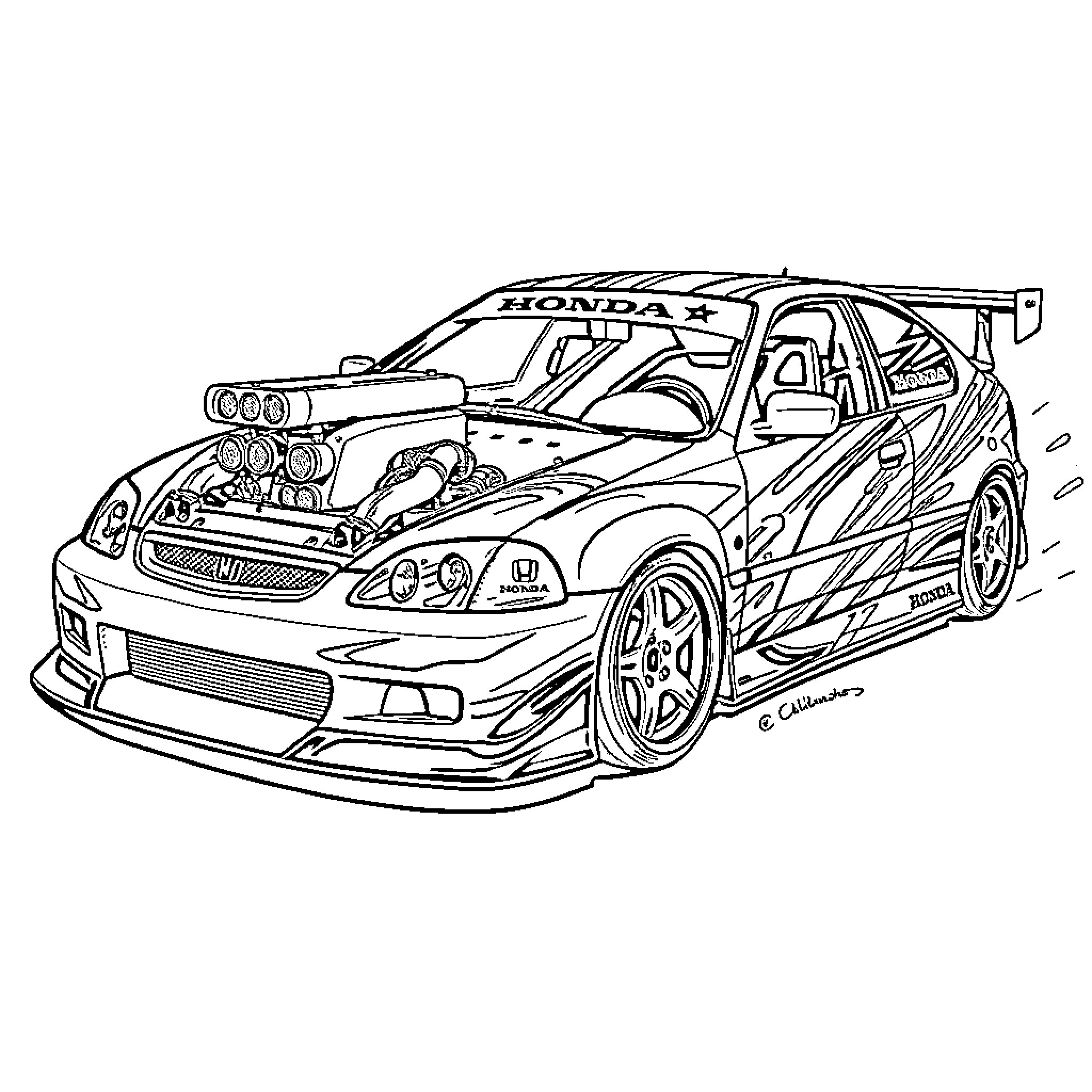 Civic Racer's Powerful Ride Coloring Page (free black-and-white line drawing printable PDF for all, from beginners to advanced learners, including children, teens, adults, and seniors)