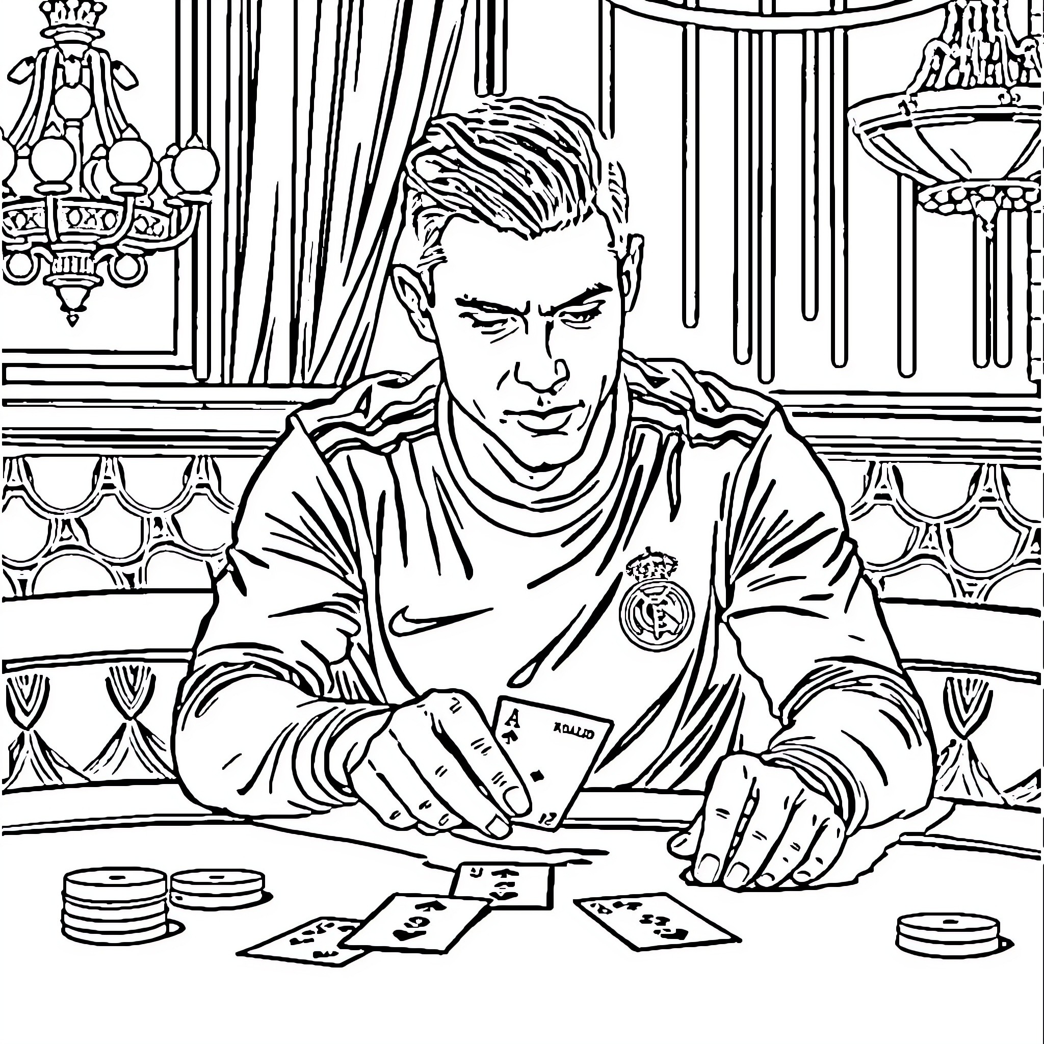 Ronaldo Playing Cards in Lavish Setting Coloring Page (free black-and-white line drawing printable PDF for all, from beginners to advanced learners, including children, teens, adults, and seniors)