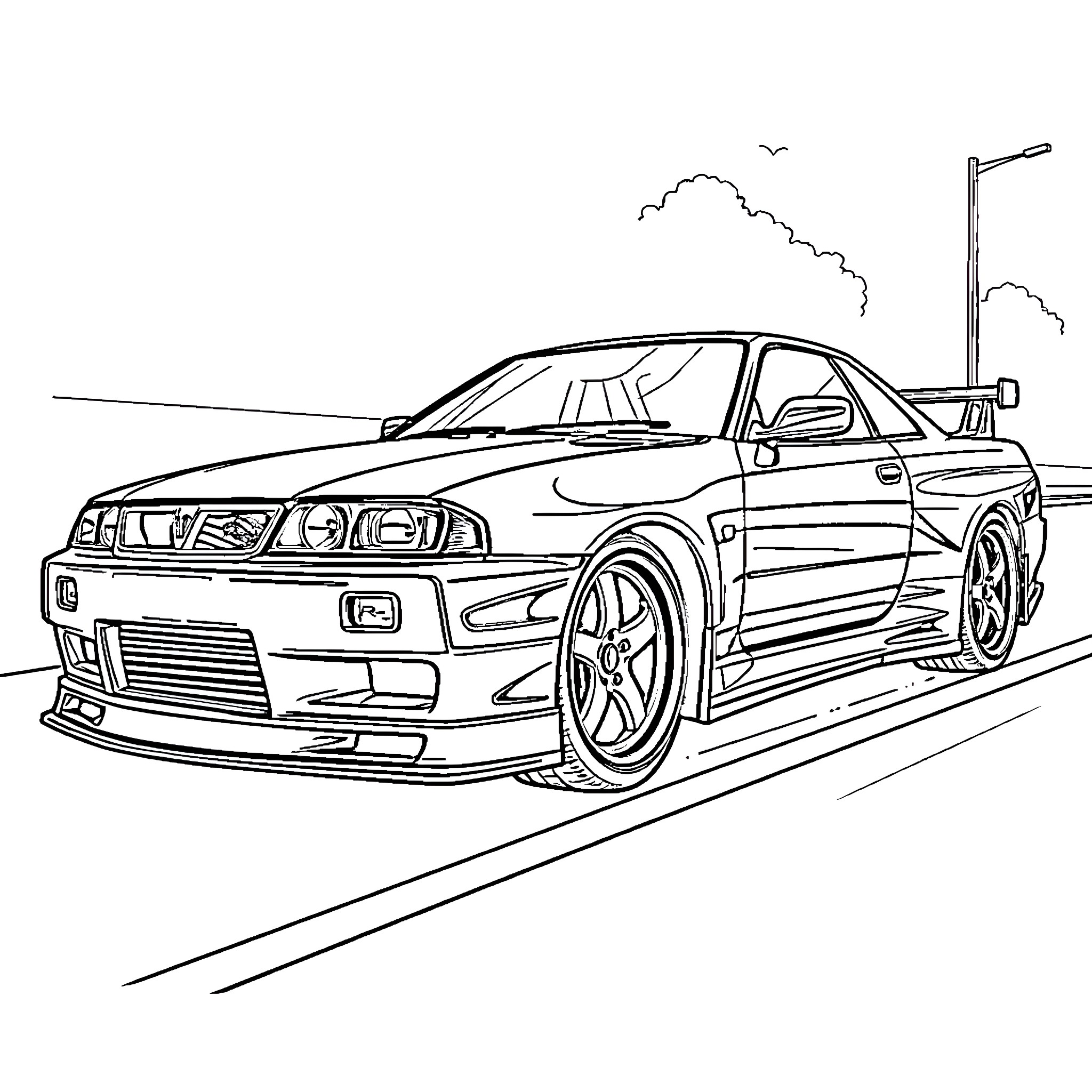 Skyline street car on the road Coloring Page (free black-and-white line drawing printable PDF for all, from beginners to advanced learners, including children, teens, adults, and seniors)