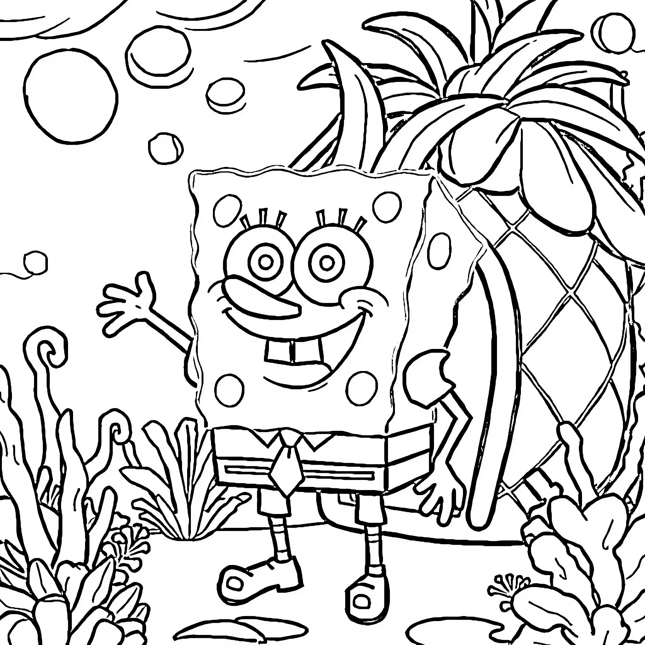 Spongebob having fun in the underwater paradise Coloring Page (free black-and-white line drawing printable PDF for all, from beginners to advanced learners, including children, teens, adults, and seniors)