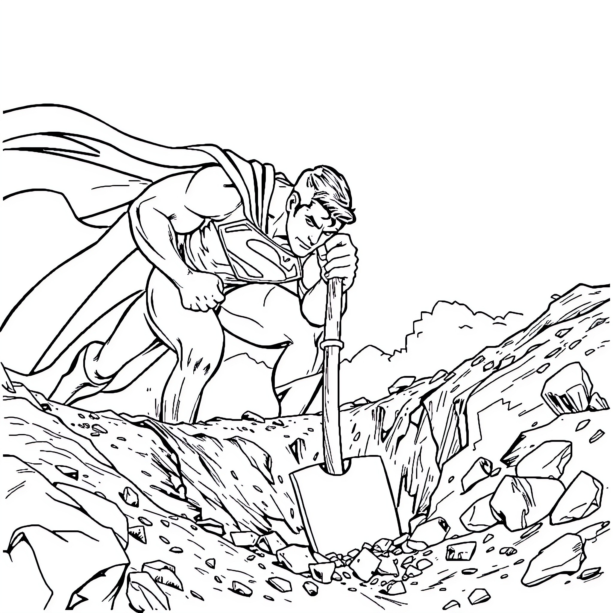 Superman digging through rocky terrain Coloring Page (free black-and-white line drawing printable PDF for all, from beginners to advanced learners, including children, teens, adults, and seniors)