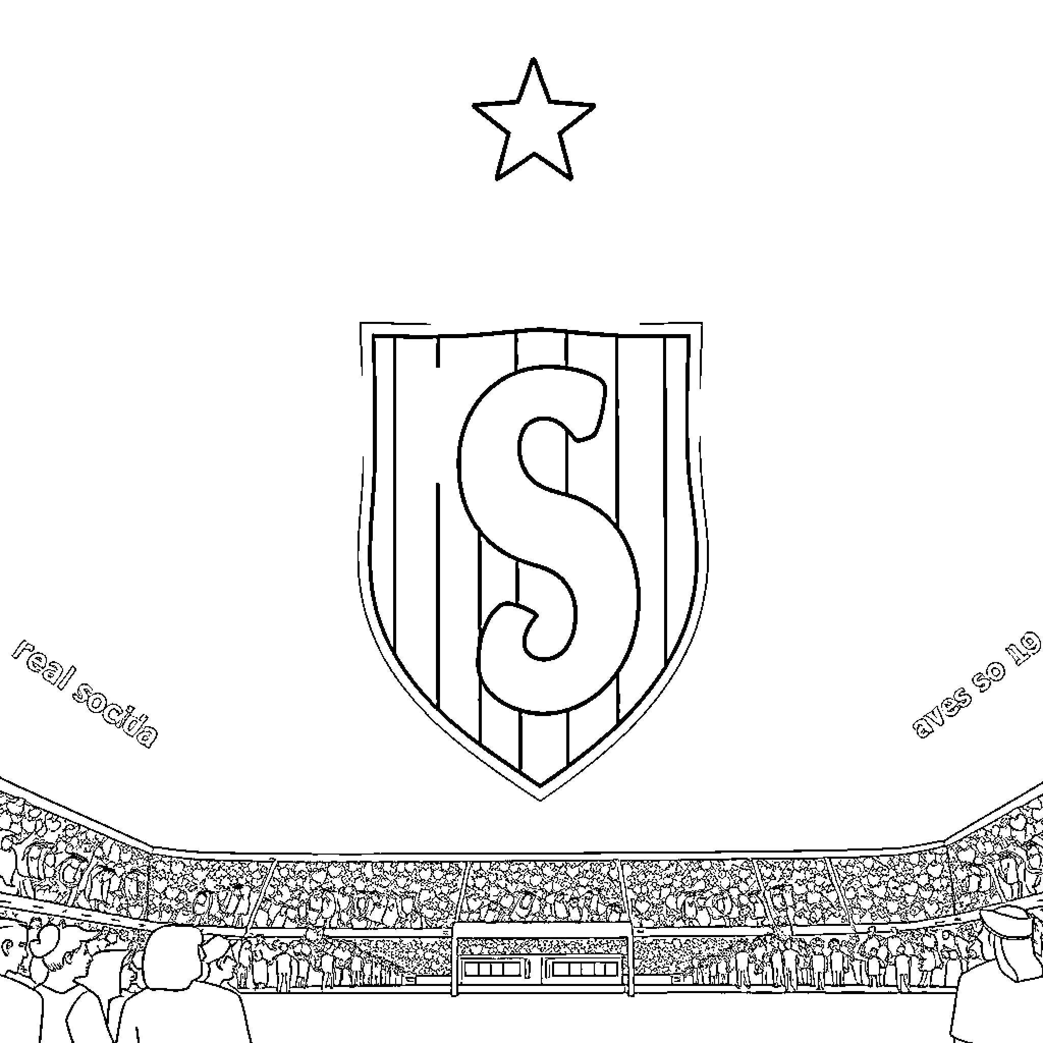 Real Sociedad soccer team's stadium and emblem Coloring Page (free black-and-white line drawing printable PDF for all, from beginners to advanced learners, including children, teens, adults, and seniors)