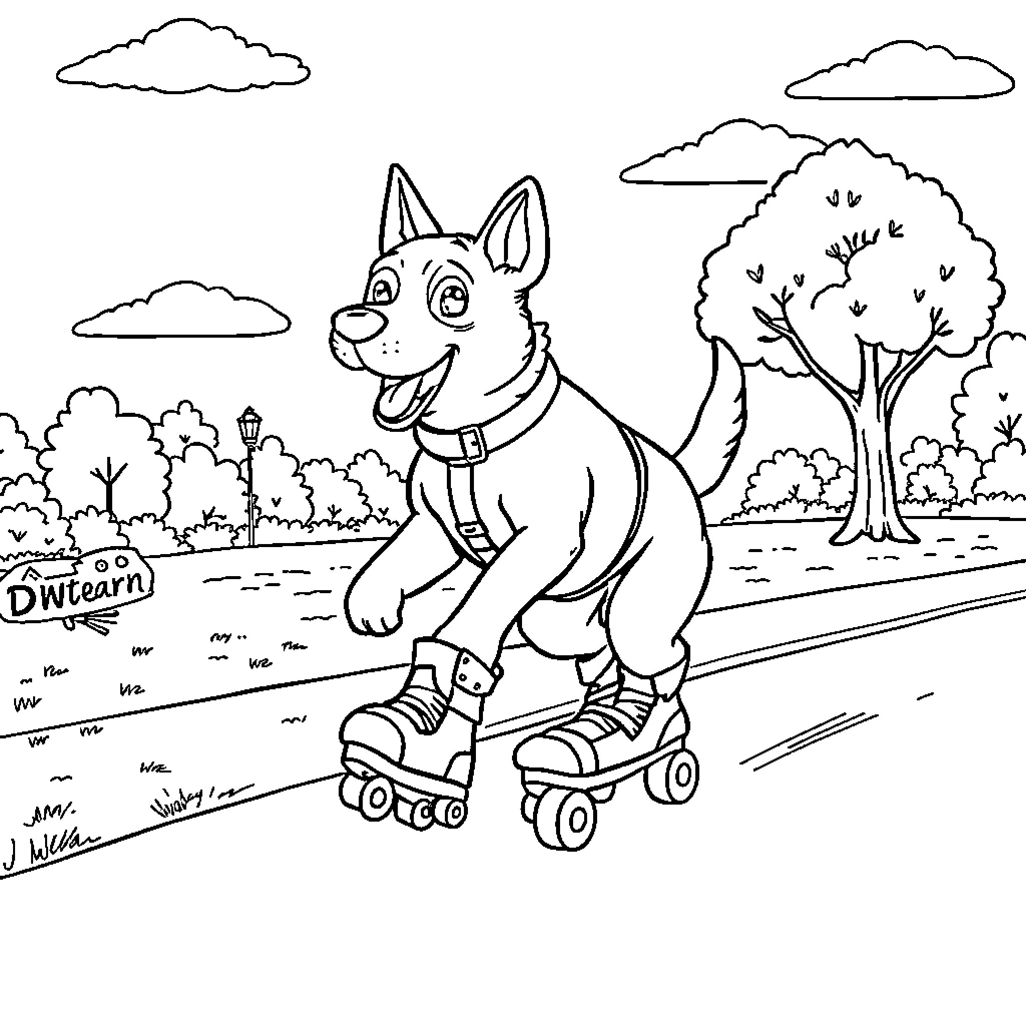 Dog enjoying a roller skating adventure in the park Coloring Page (free black-and-white line drawing printable PDF for all, from beginners to advanced learners, including children, teens, adults, and seniors)