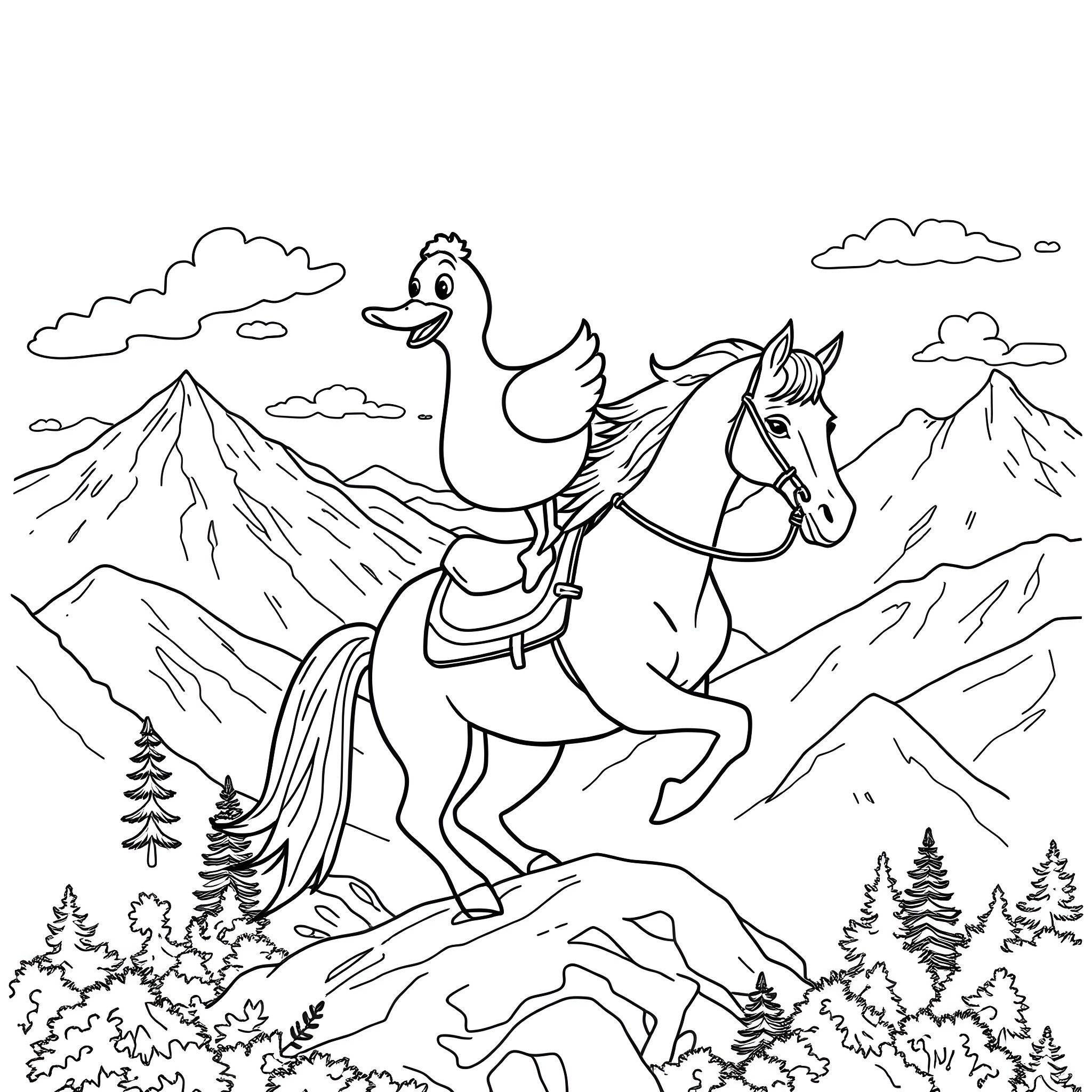 Duck riding a horse through the mountains Coloring Page (free black-and-white line drawing printable PDF for all, from beginners to advanced learners, including children, teens, adults, and seniors)