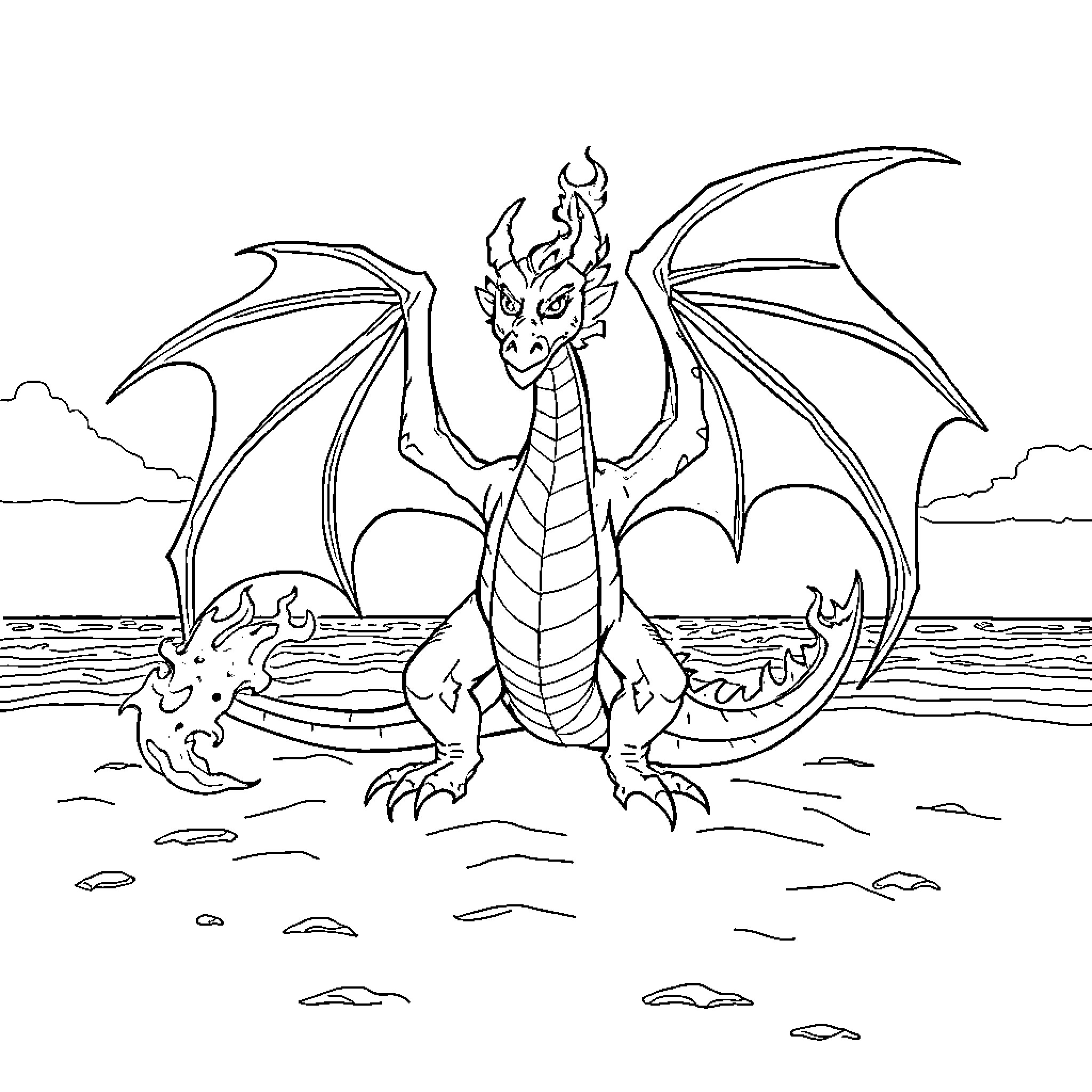 Dragon soaring fiercely over the ocean Coloring Page (free black-and-white line drawing printable PDF for all, from beginners to advanced learners, including children, teens, adults, and seniors)