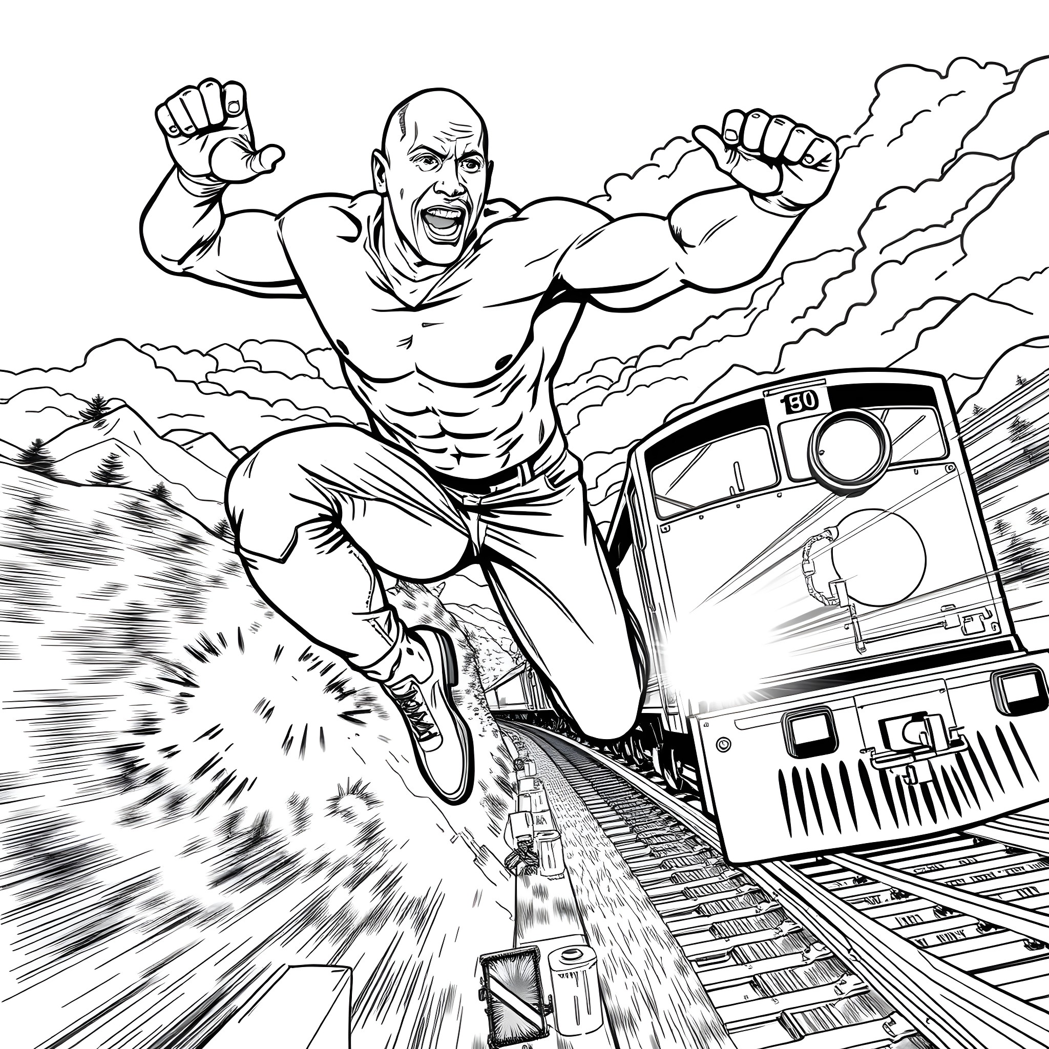 Dwayne Johnson leaping powerfully over a speeding train Coloring Page (free black-and-white line drawing printable PDF for all, from beginners to advanced learners, including children, teens, adults, and seniors)