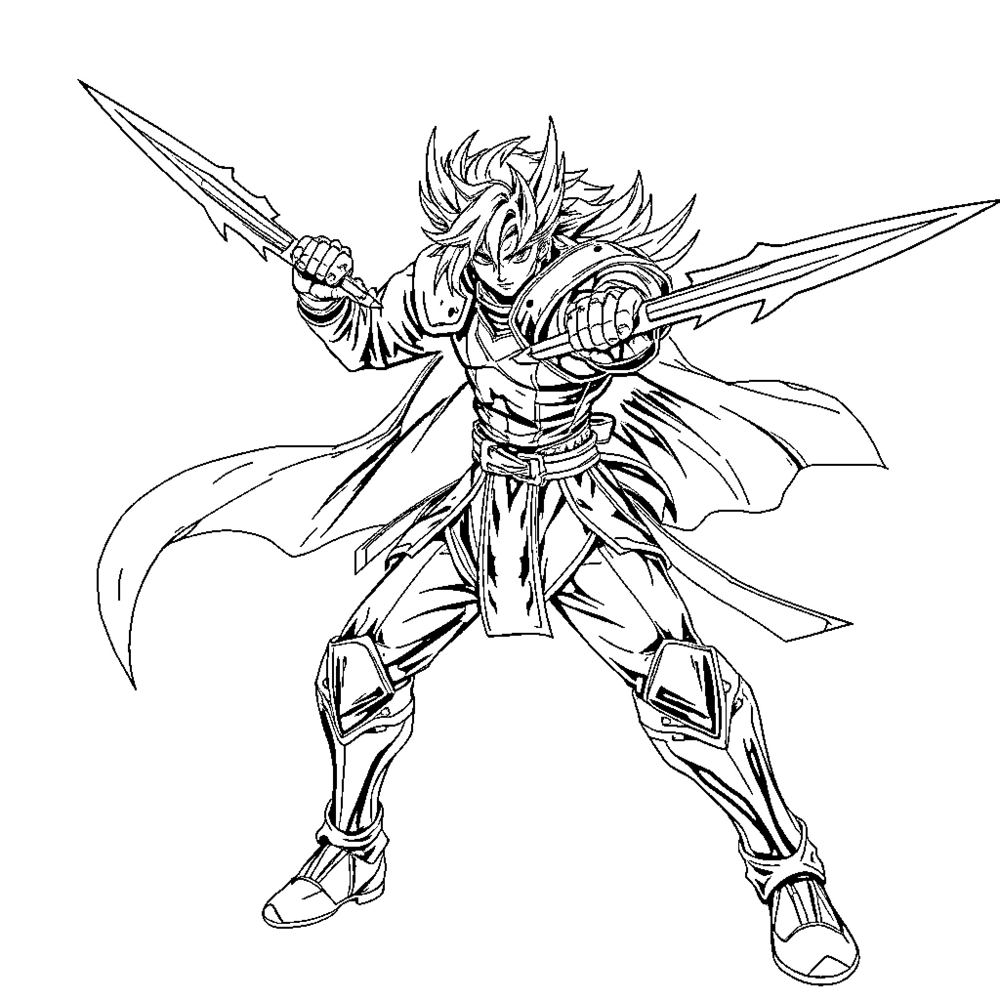 Anime Fighter wielding fierce dual swords Coloring Page (free black-and-white line drawing printable PDF for all, from beginners to advanced learners, including children, teens, adults, and seniors)