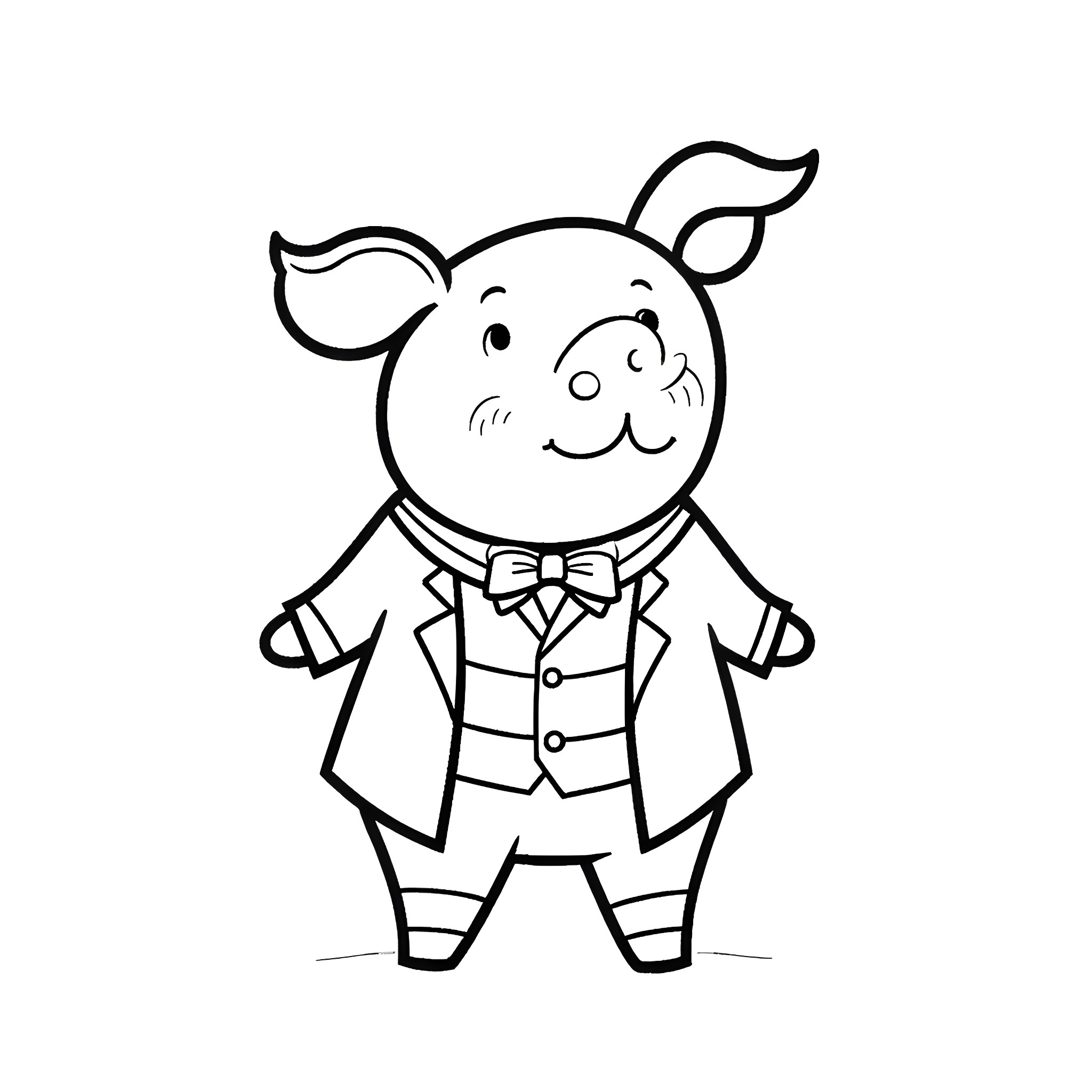 Pig in formal attire with a bow tie Coloring Page (free black-and-white line drawing printable PDF for all, from beginners to advanced learners, including children, teens, adults, and seniors)