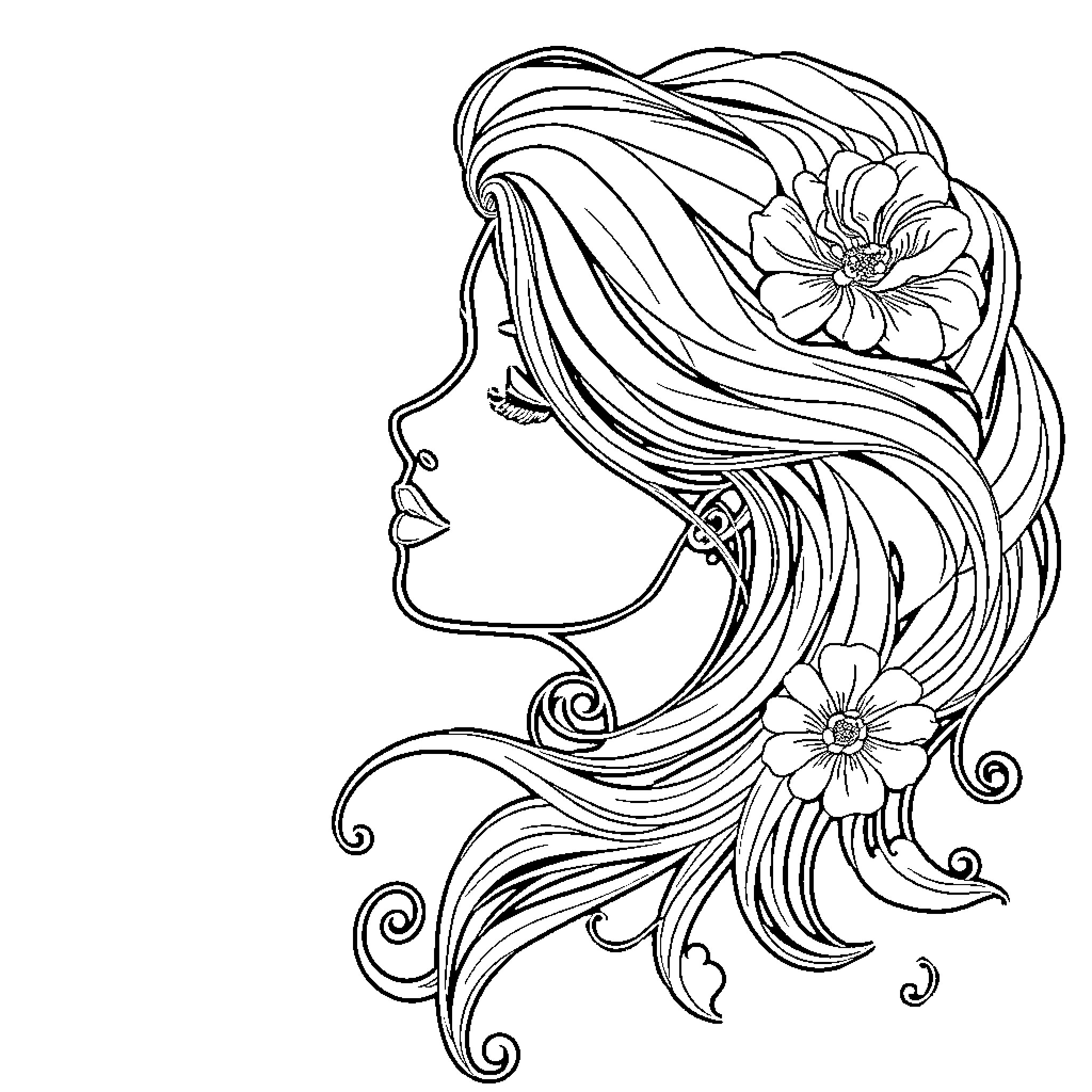 Wireframe portrait of woman with floral hair ornaments Coloring Page (free black-and-white line drawing printable PDF for all, from beginners to advanced learners, including children, teens, adults, and seniors)