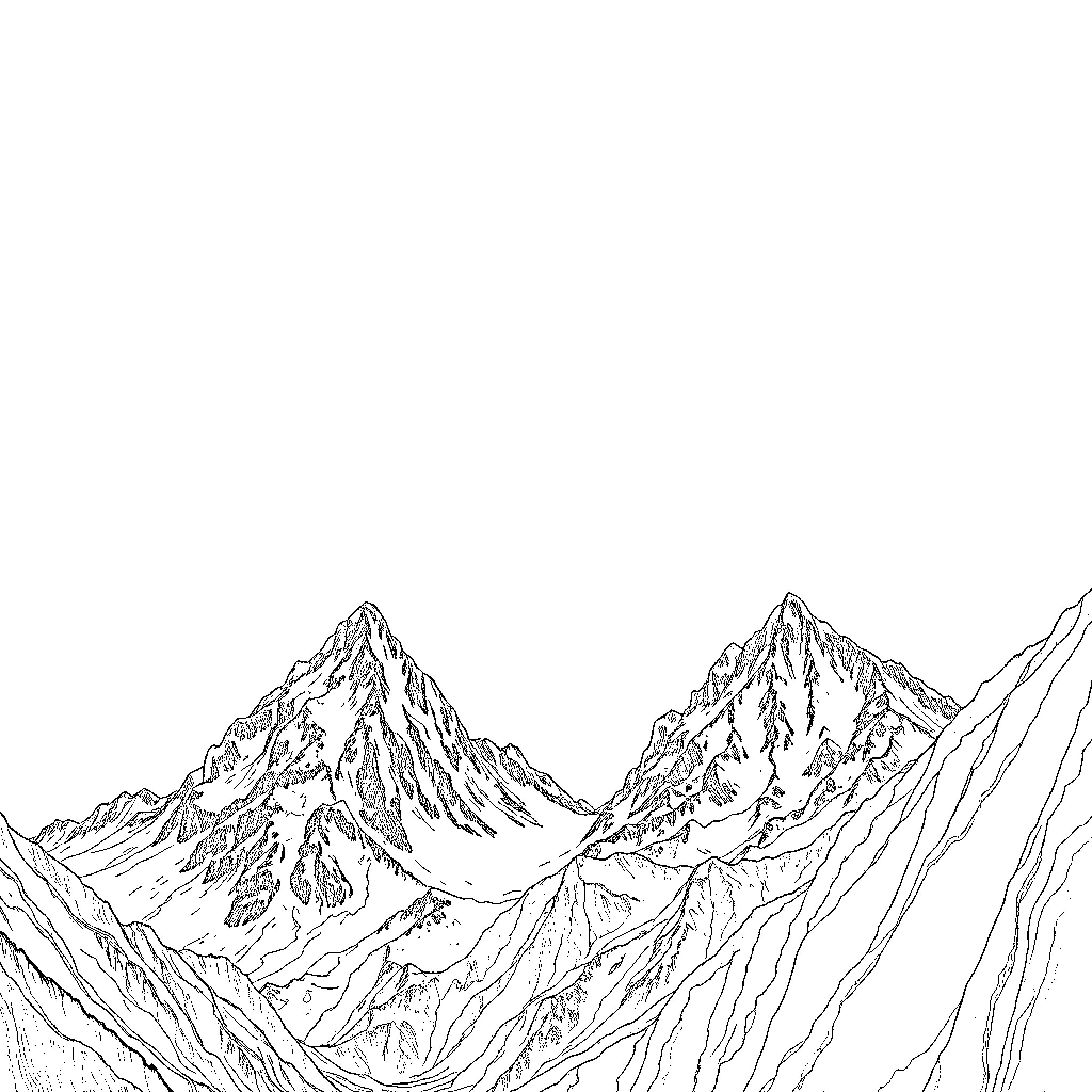 Mountain Peaks Rising Above Rugged Terrain Coloring Page (free black-and-white line drawing printable PDF for all, from beginners to advanced learners, including children, teens, adults, and seniors)