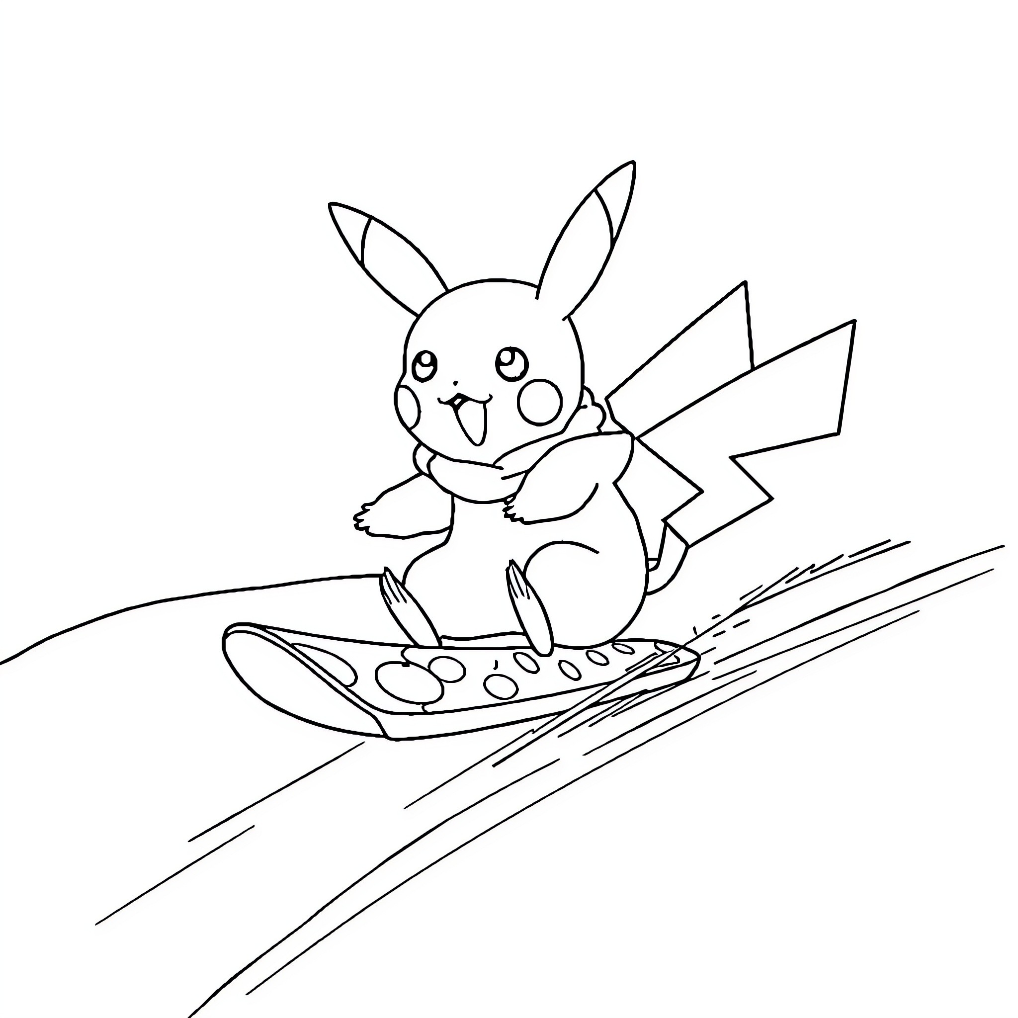Pikachu surfing happily on a skateboard Coloring Page (free black-and-white line drawing printable PDF for all, from beginners to advanced learners, including children, teens, adults, and seniors)