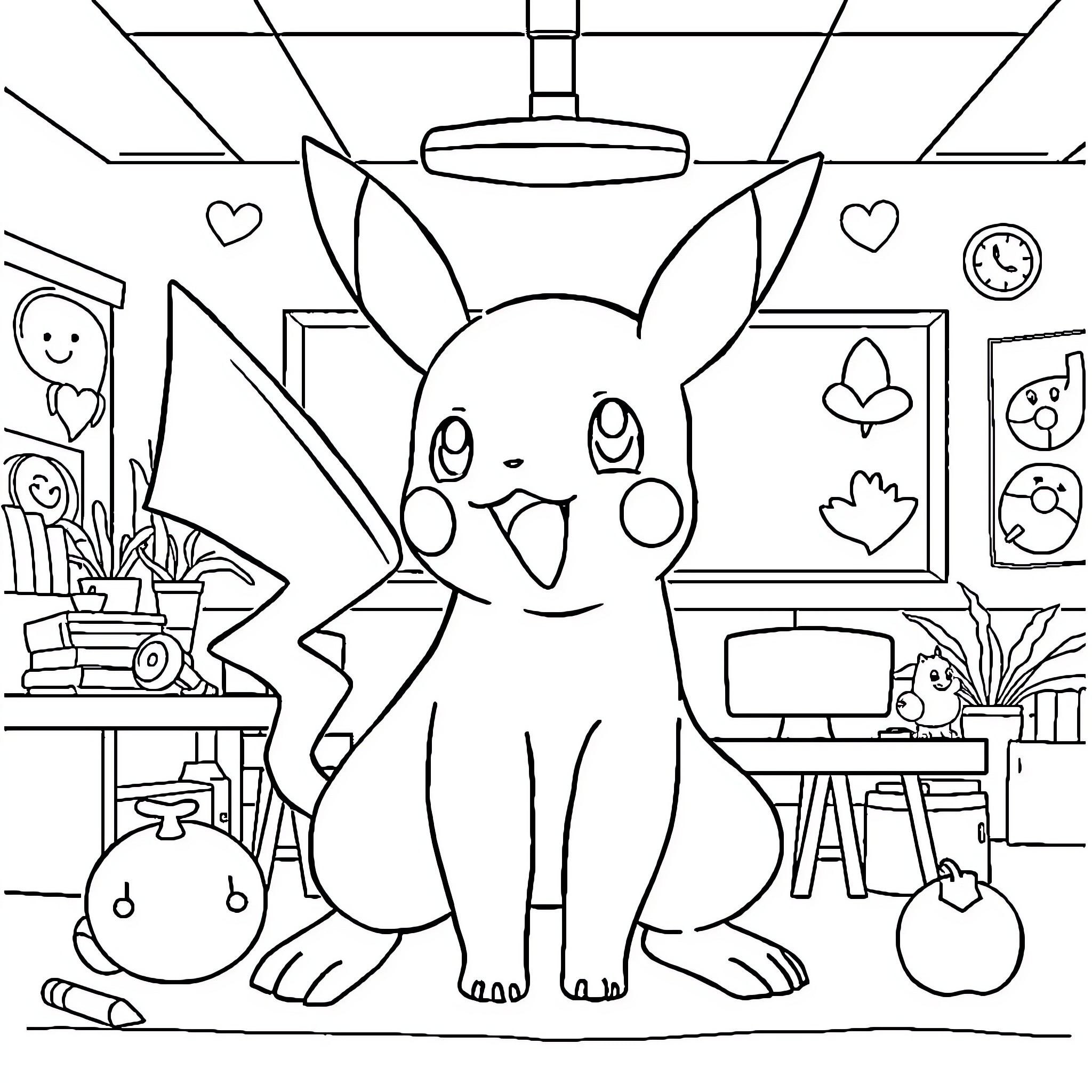 Pokémon character in a room with various objects Coloring Page (free black-and-white line drawing printable PDF for all, from beginners to advanced learners, including children, teens, adults, and seniors)