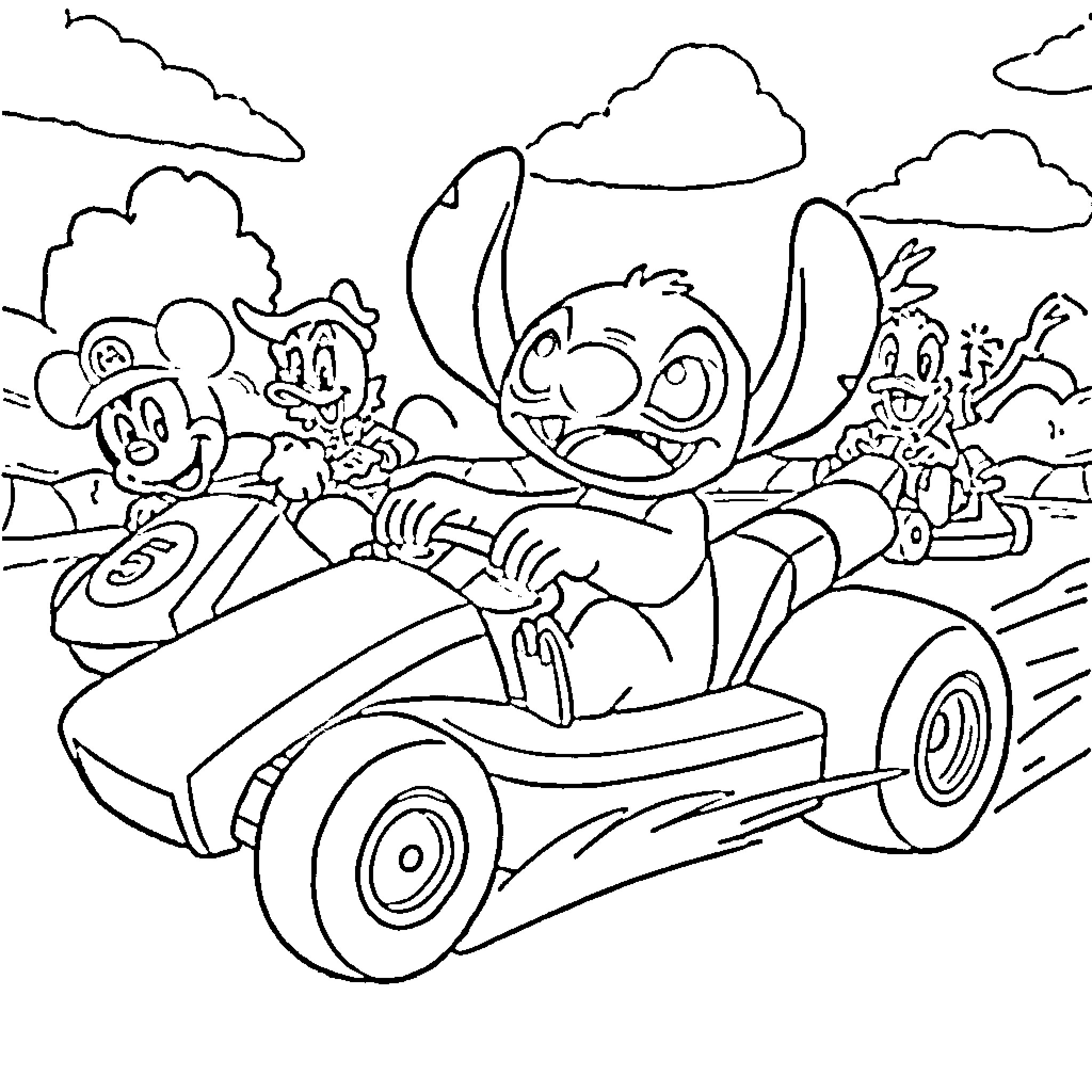 Stitch takes a joy ride with friends Coloring Page (free black-and-white line drawing printable PDF for all, from beginners to advanced learners, including children, teens, adults, and seniors)